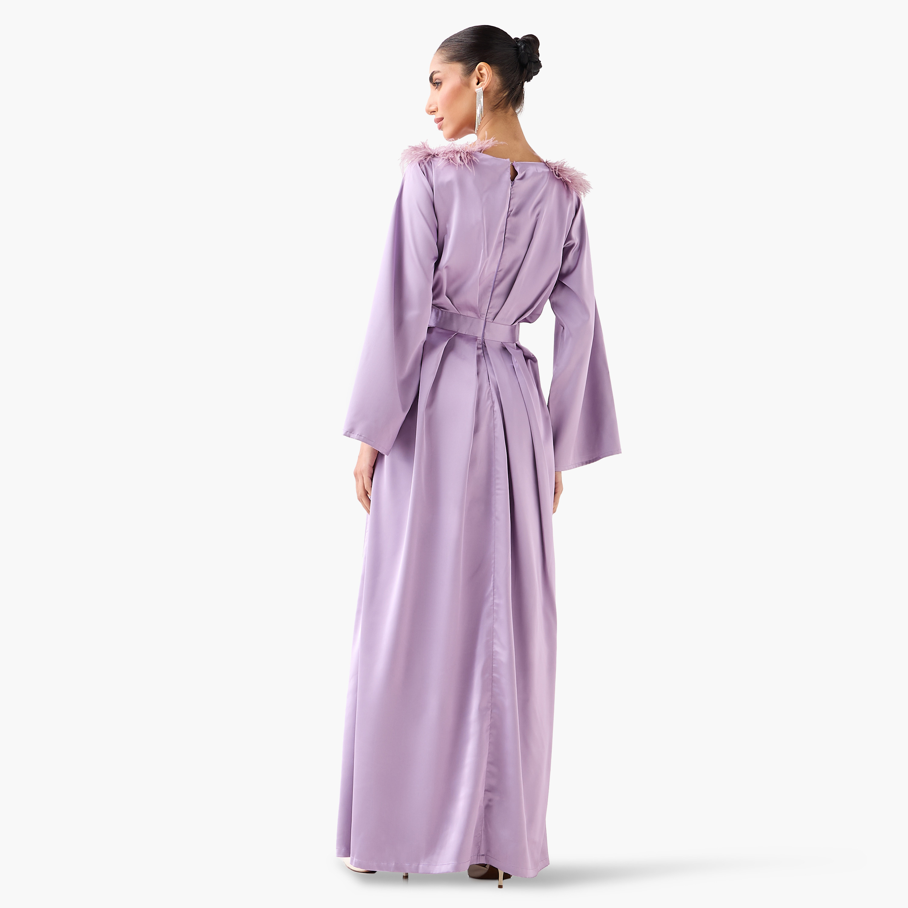 Golden Apple Lavender Feather Detailed Boat Neck Flared Sleeves Pleated Women's Evening Maxi Dress-women-clothing-dresses-image-4