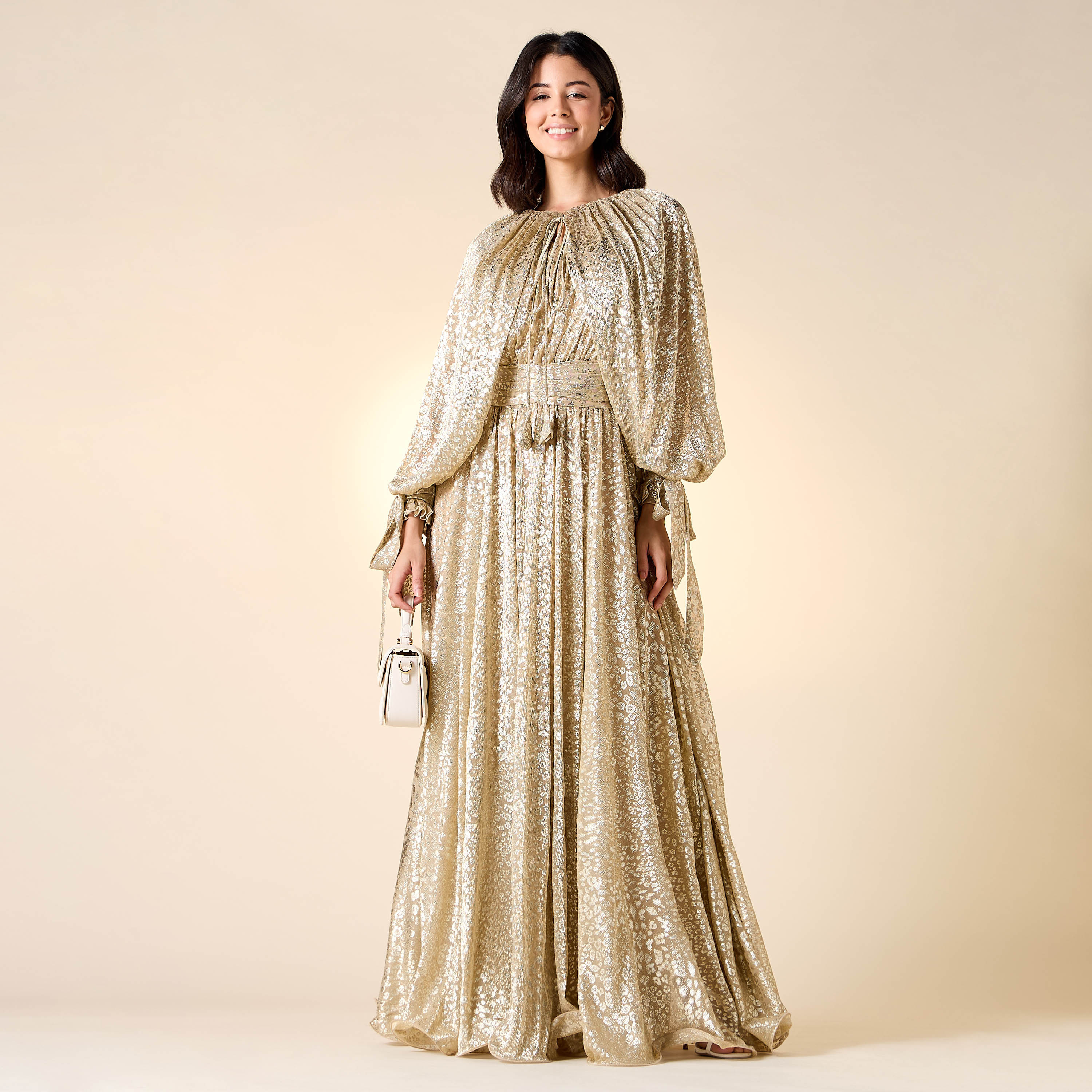 Golden Apple Textured Dress with Volume Sleeves and Tie-Ups-women-clothing-dresses-image-1