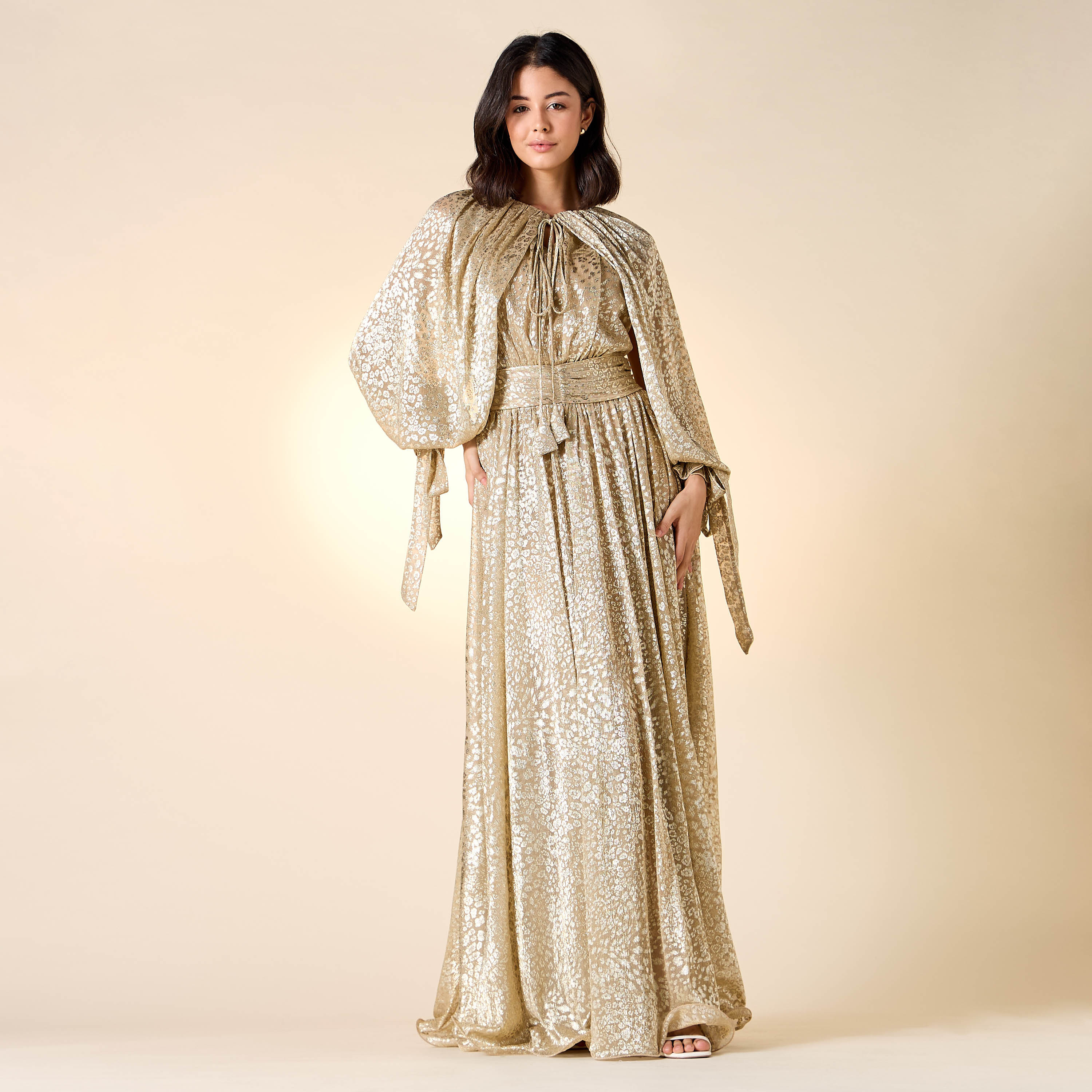 Golden Apple Textured Dress with Volume Sleeves and Tie-Ups-women-clothing-dresses-image-2