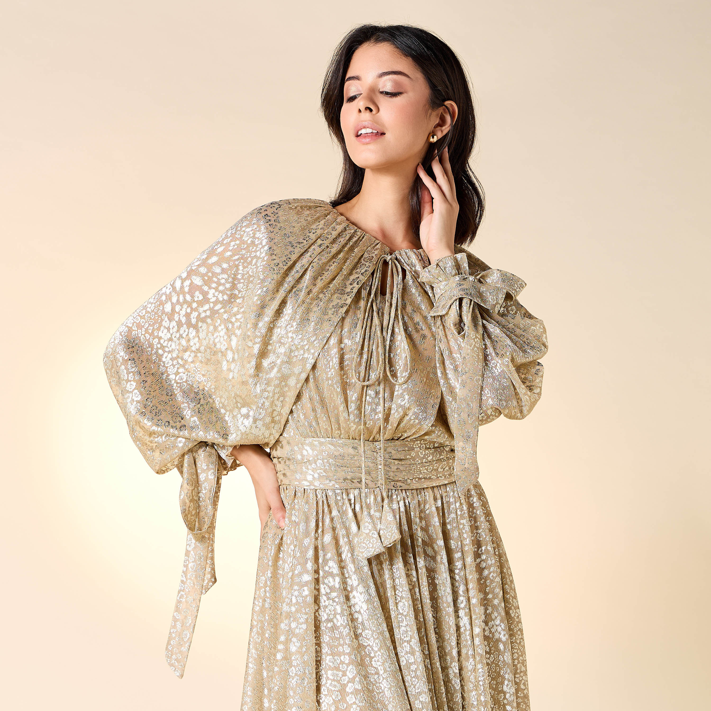 Golden Apple Textured Dress with Volume Sleeves and Tie-Ups-women-clothing-dresses-image-4