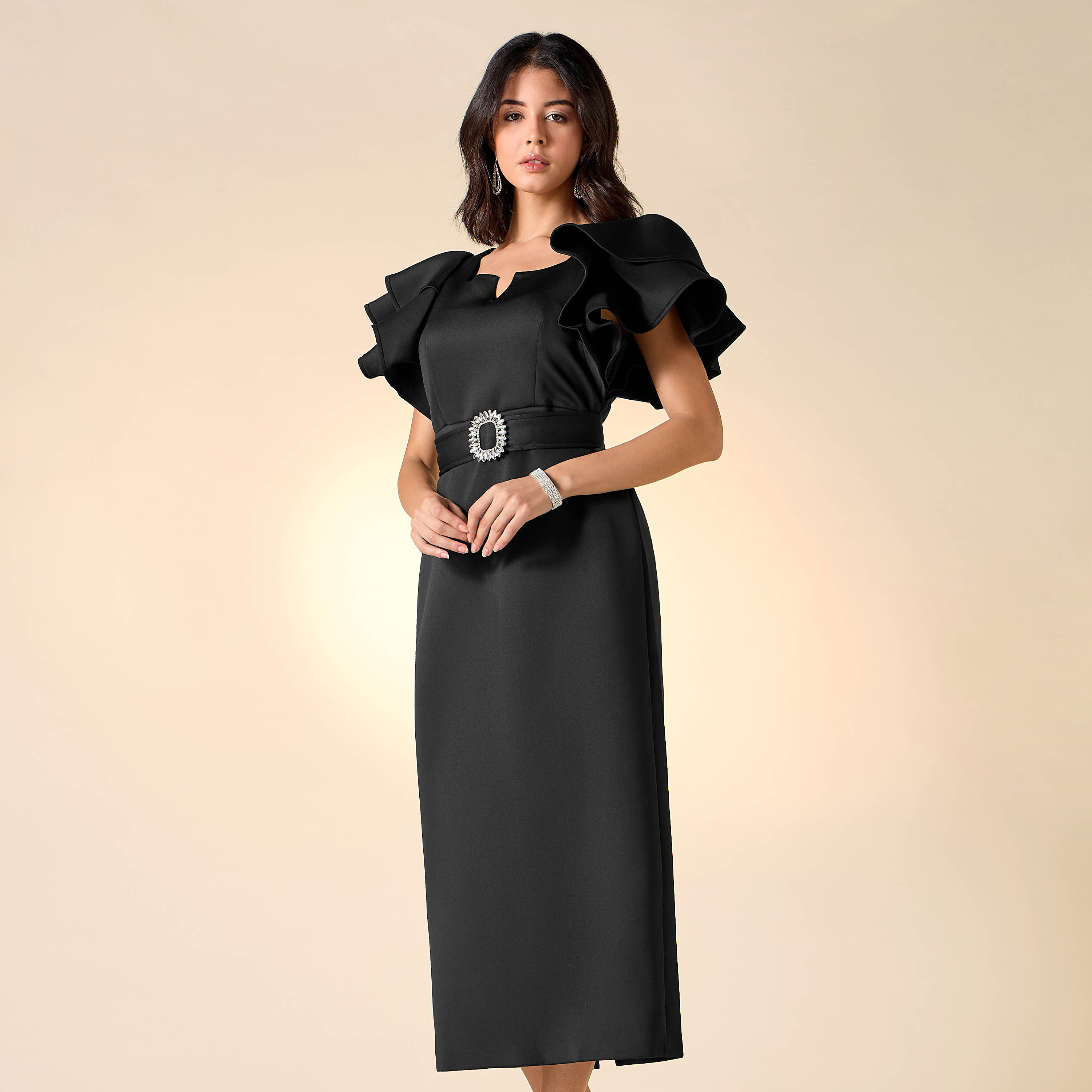 Golden Apple Solid Dress with Ruffle Sleeves and Embellished Belt-women-clothing-dresses-image-1