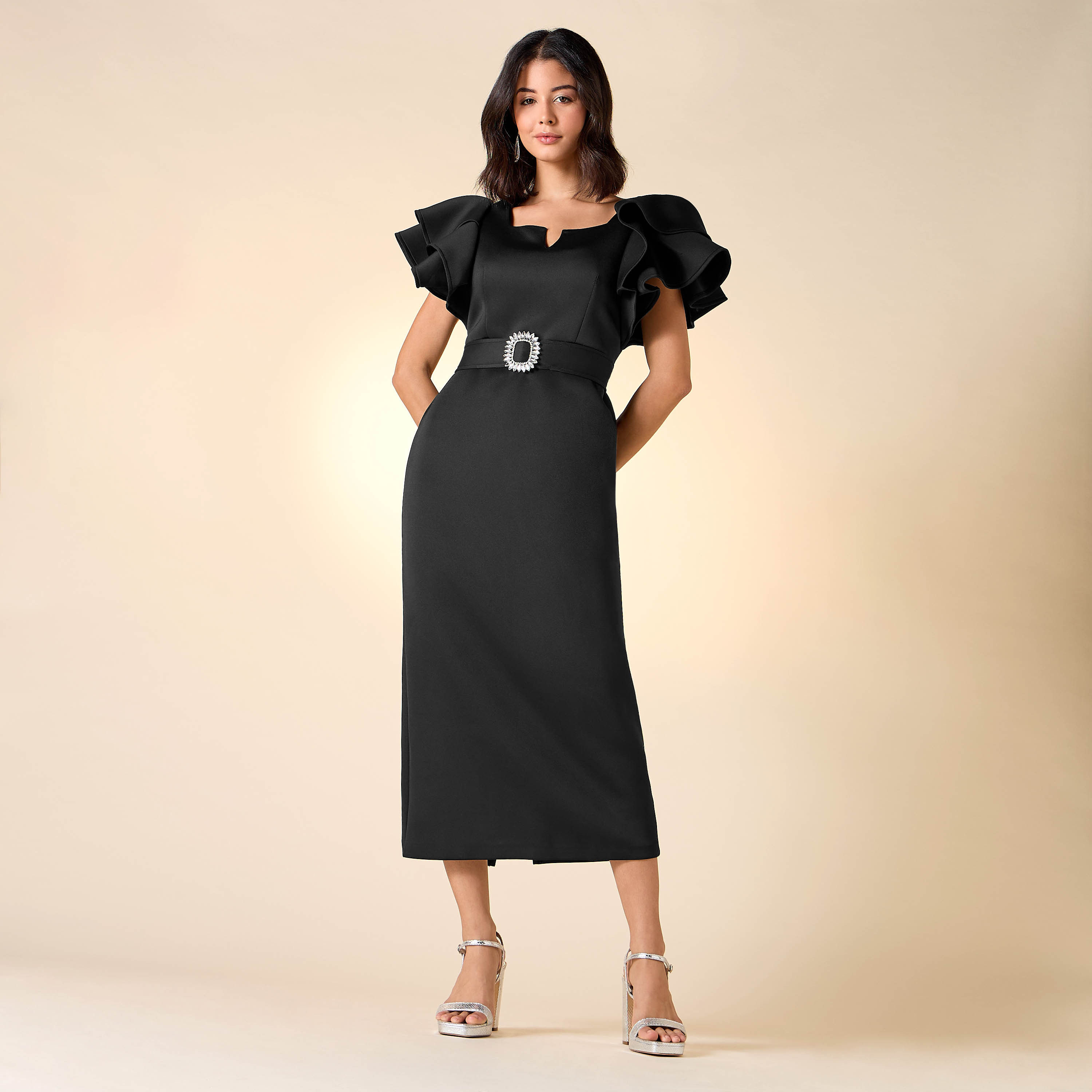Golden Apple Solid Dress with Ruffle Sleeves and Embellished Belt-women-clothing-dresses-image-2