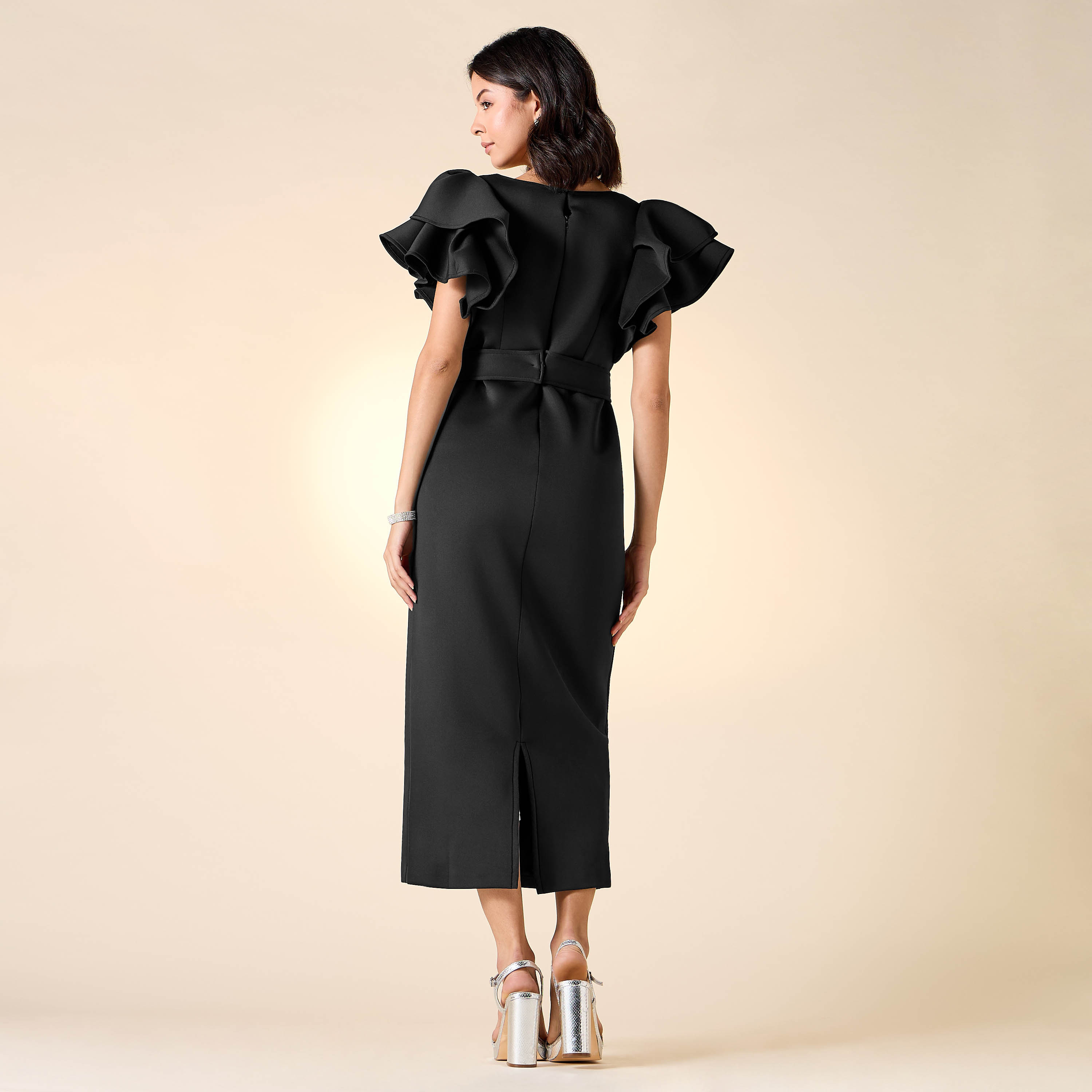 Golden Apple Solid Dress with Ruffle Sleeves and Embellished Belt-women-clothing-dresses-image-3
