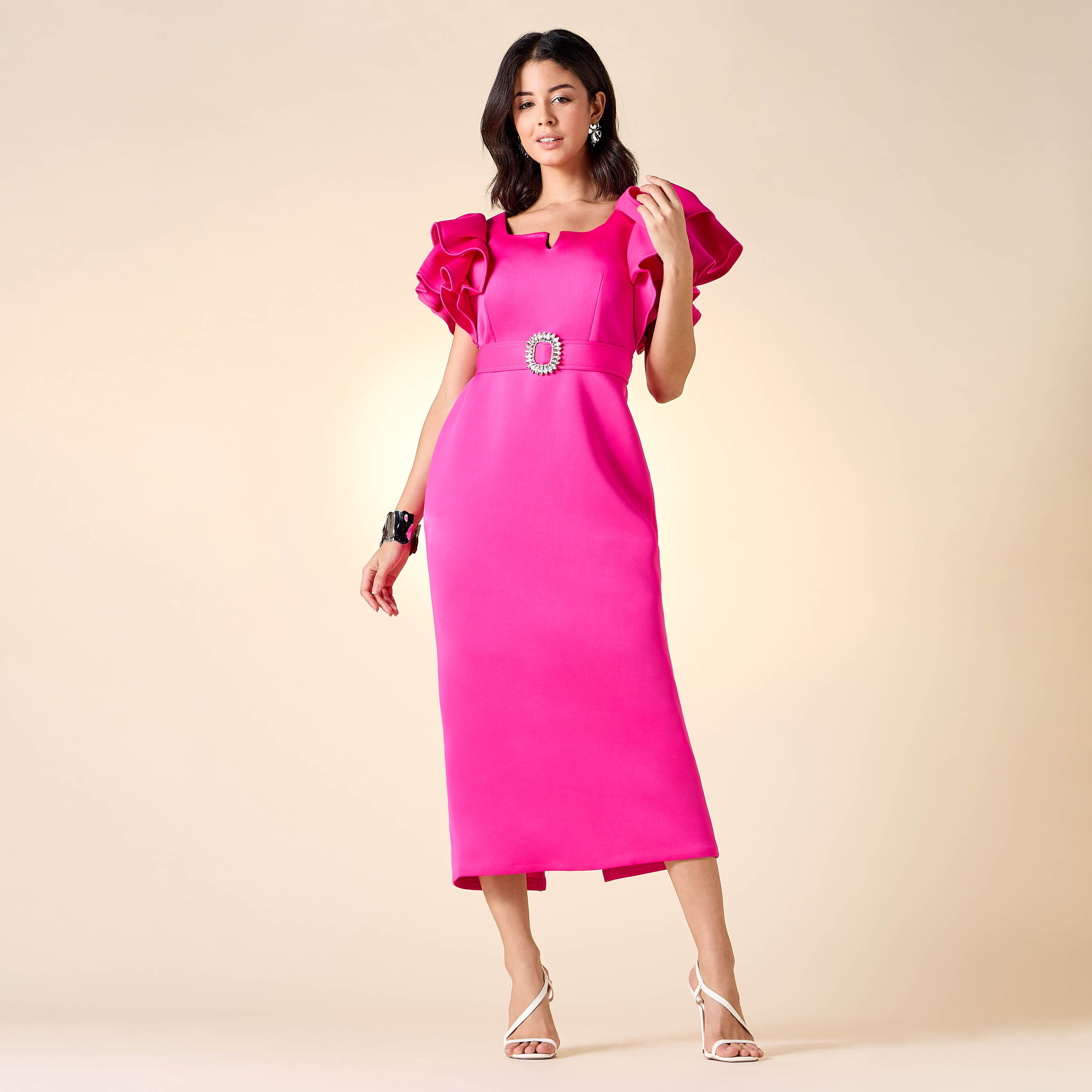 Golden Apple Solid Dress with Ruffle Sleeves and Embellished Belt-women-clothing-dresses-image-13