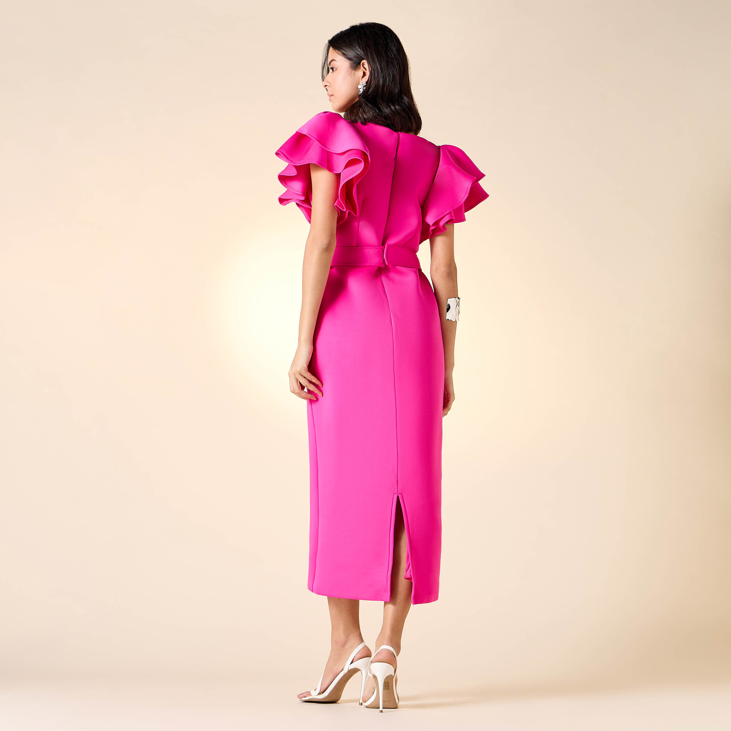 Golden Apple Solid Dress with Ruffle Sleeves and Embellished Belt-women-clothing-dresses-image-14