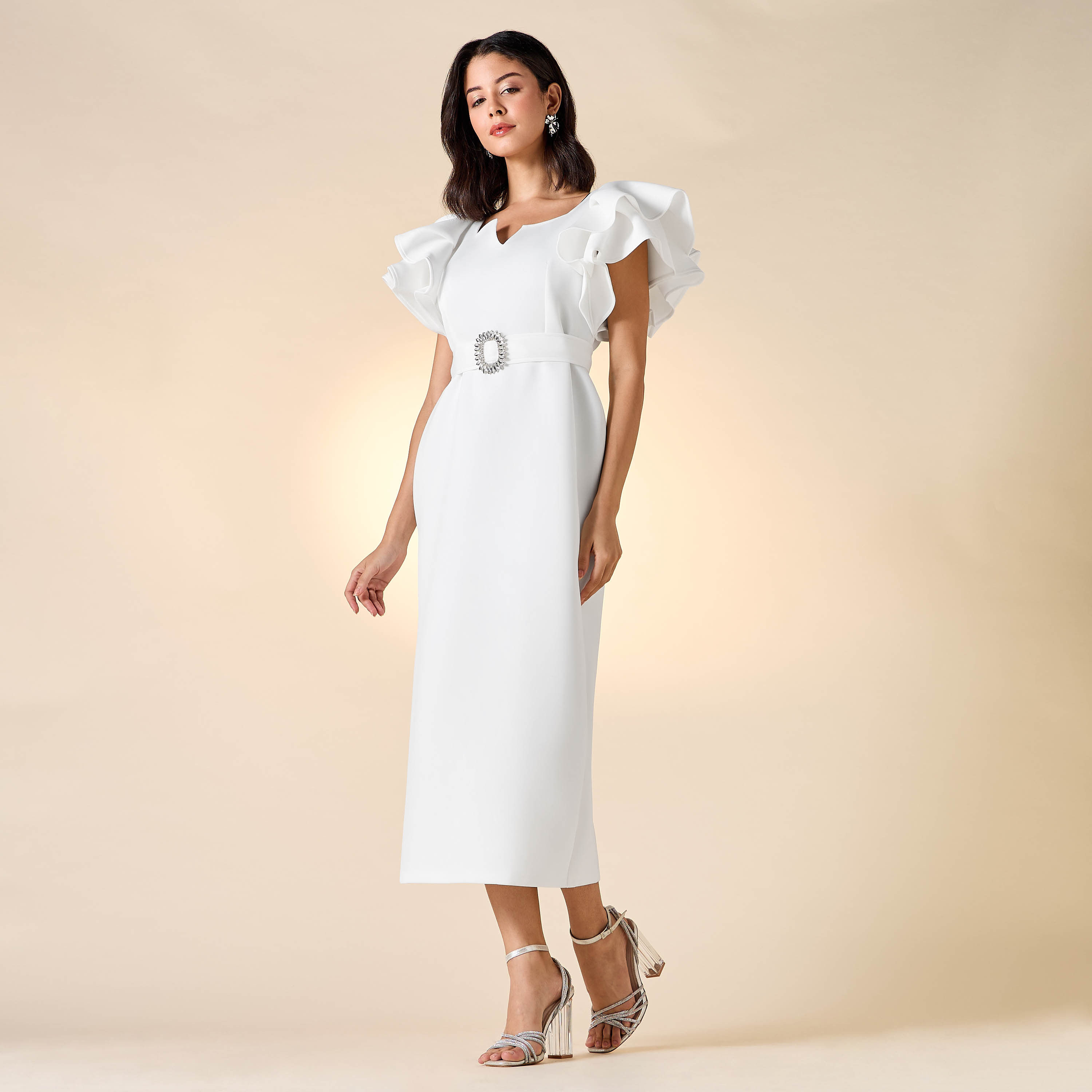 Golden Apple Solid Dress with Ruffle Sleeves and Embellished Belt-women-clothing-dresses-image-7