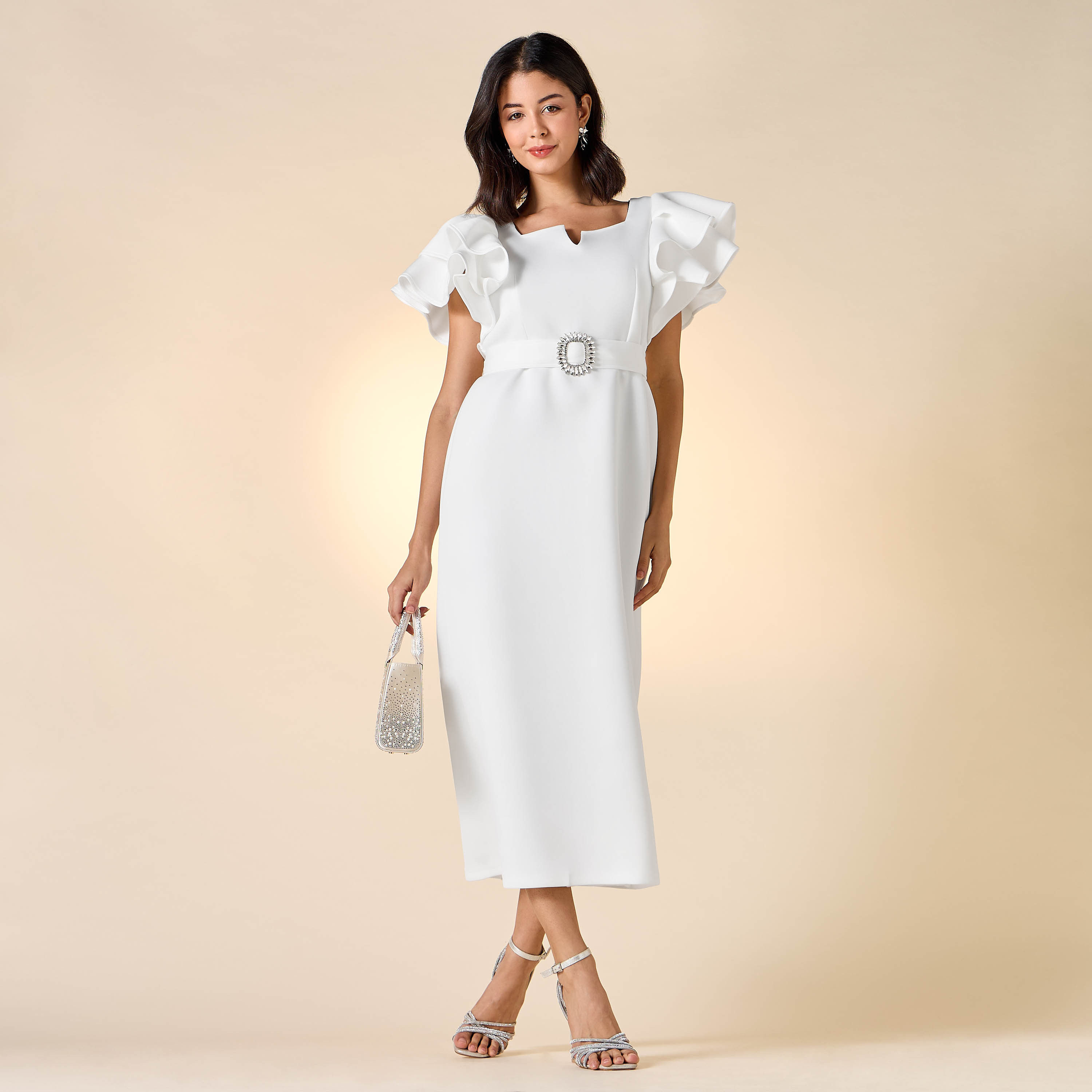 Golden Apple Solid Dress with Ruffle Sleeves and Embellished Belt-women-clothing-dresses-image-8
