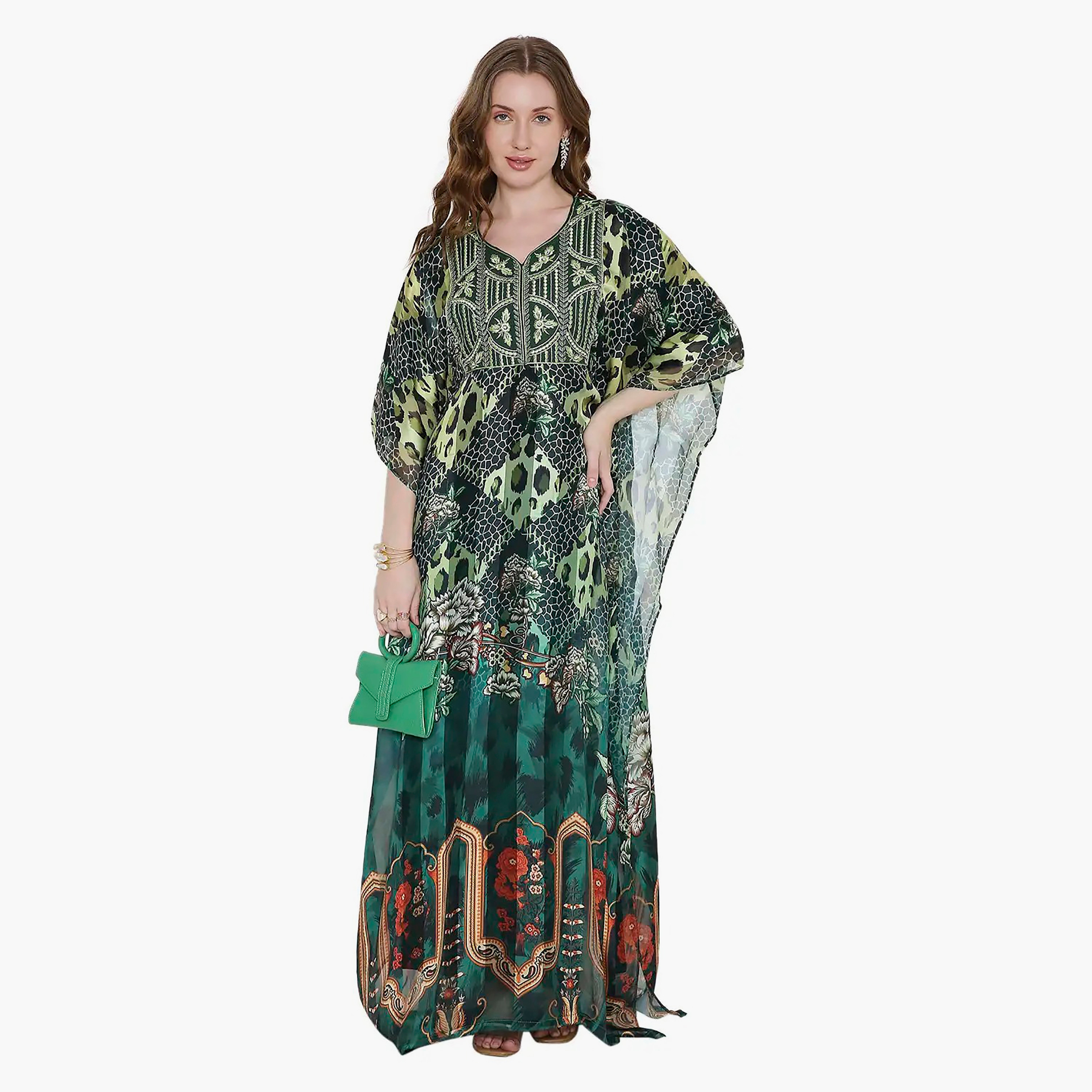 قفطان احتفالي نسائي مطبوع مطرز وتفاصيل عقدة عند الرقبة وأكمام واسعة من هانا آند سارة-women-arabicclothing-jalabiyas-image-1