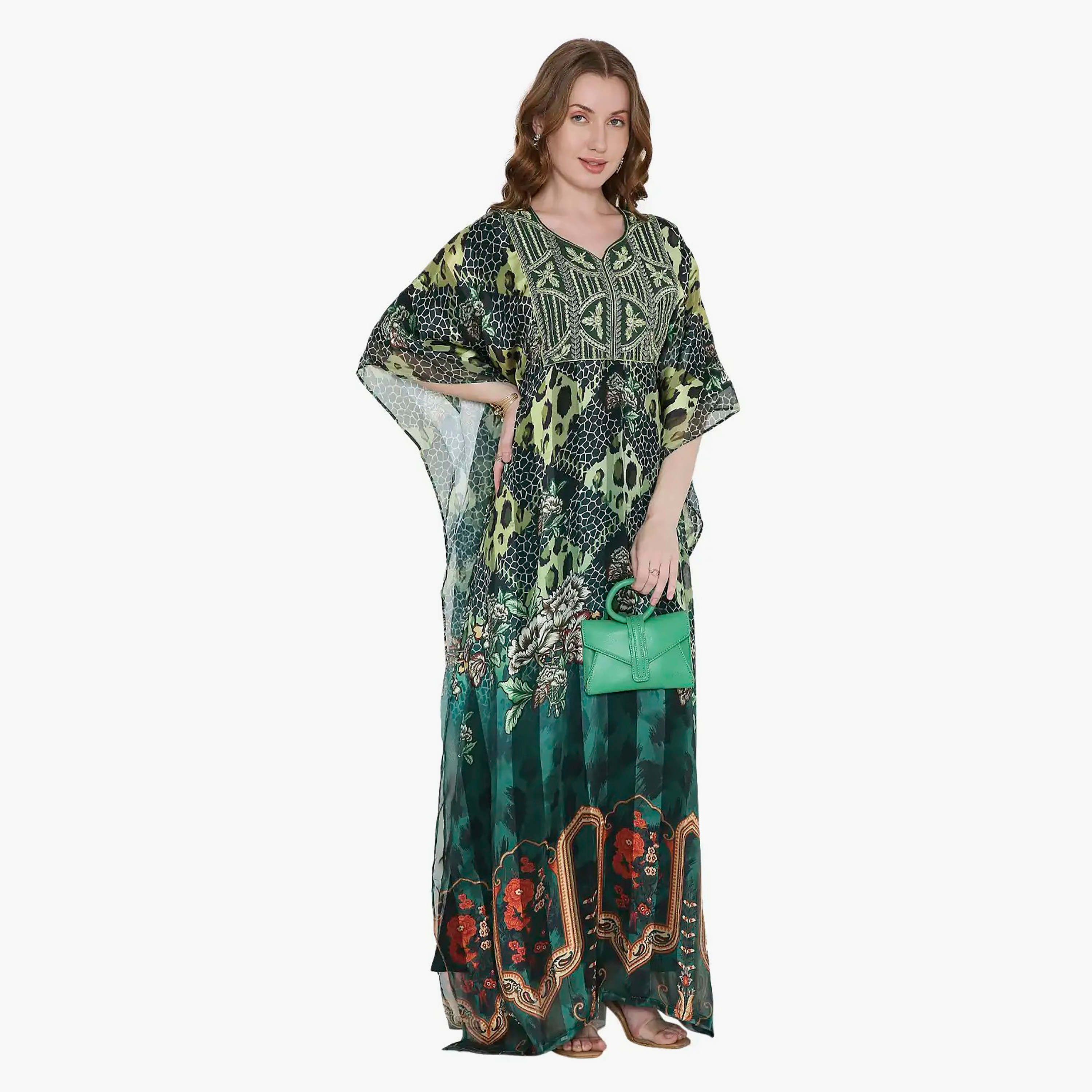 Hana & Sara Printed Embroidered Knot Neck Detail Flared Sleeves Women's Festive Kaftaan-women-arabicclothing-jalabiyas-image-4