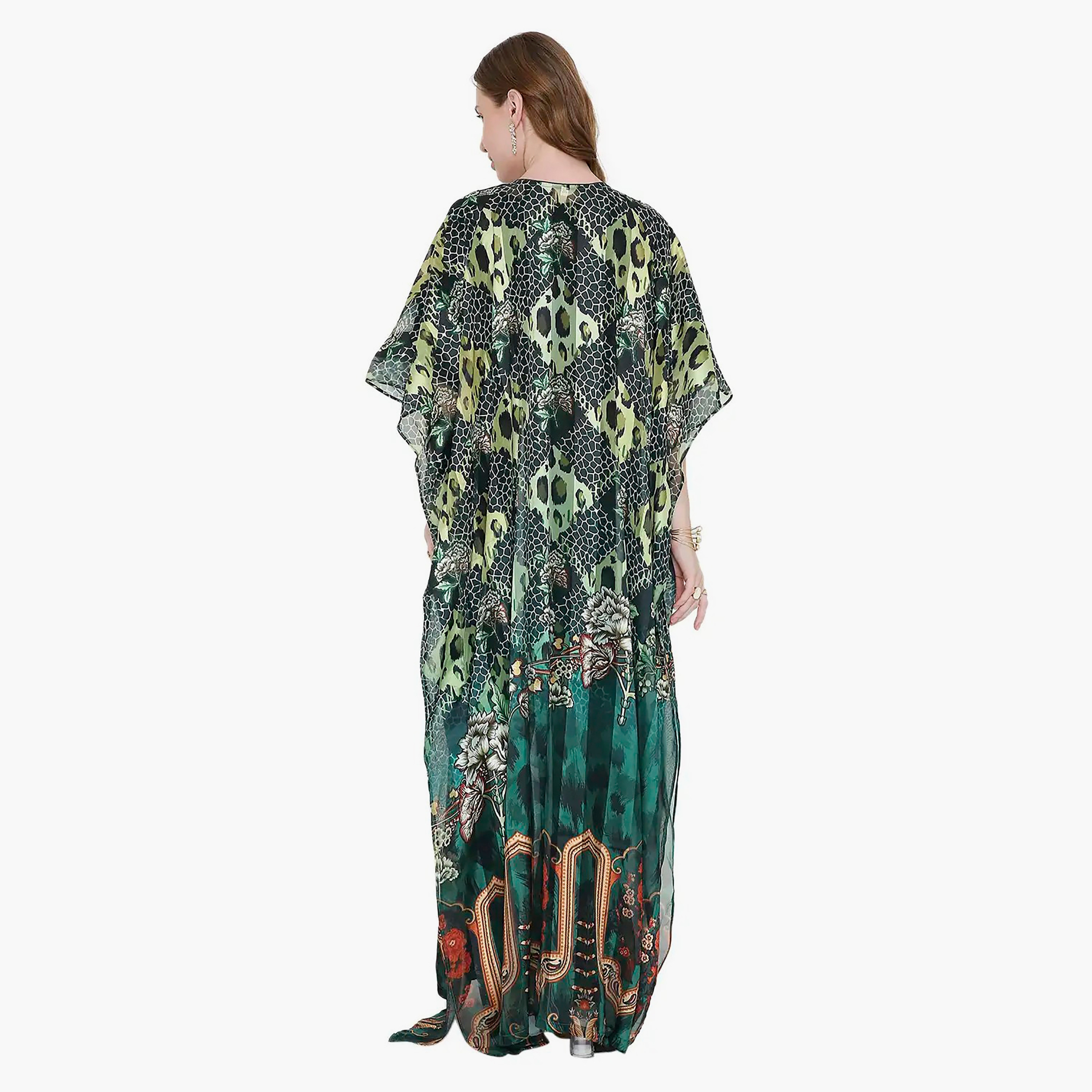 قفطان احتفالي نسائي مطبوع مطرز وتفاصيل عقدة عند الرقبة وأكمام واسعة من هانا آند سارة-women-arabicclothing-jalabiyas-image-5