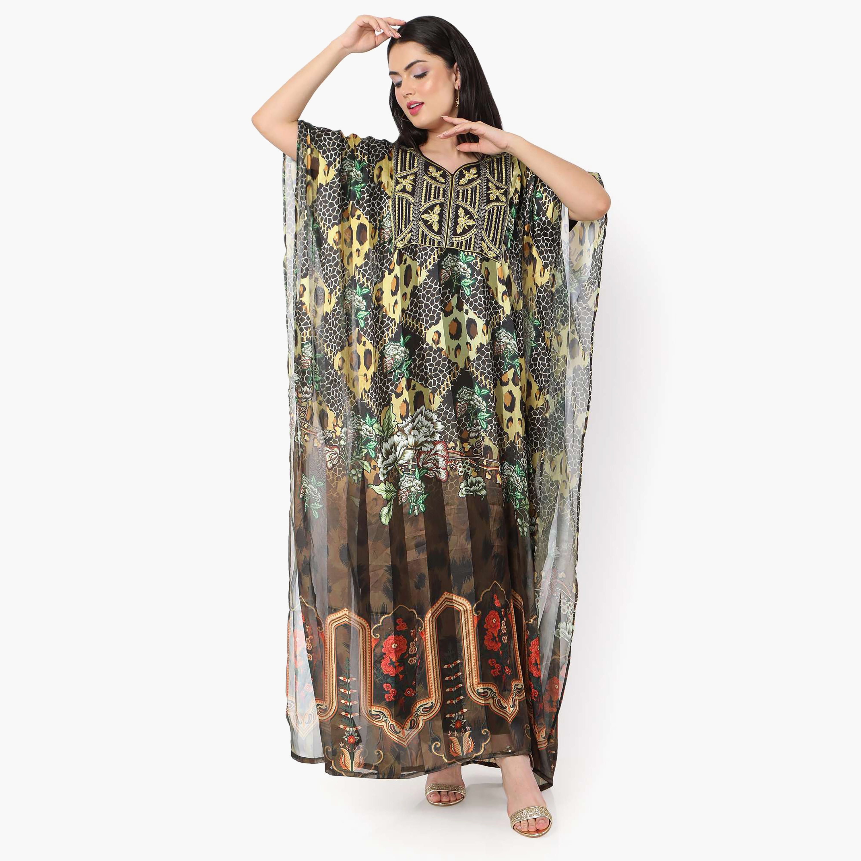 قفطان احتفالي نسائي مطبوع مطرز وتفاصيل عقدة عند الرقبة وأكمام واسعة من هانا آند سارة-women-arabicclothing-jalabiyas-image-8