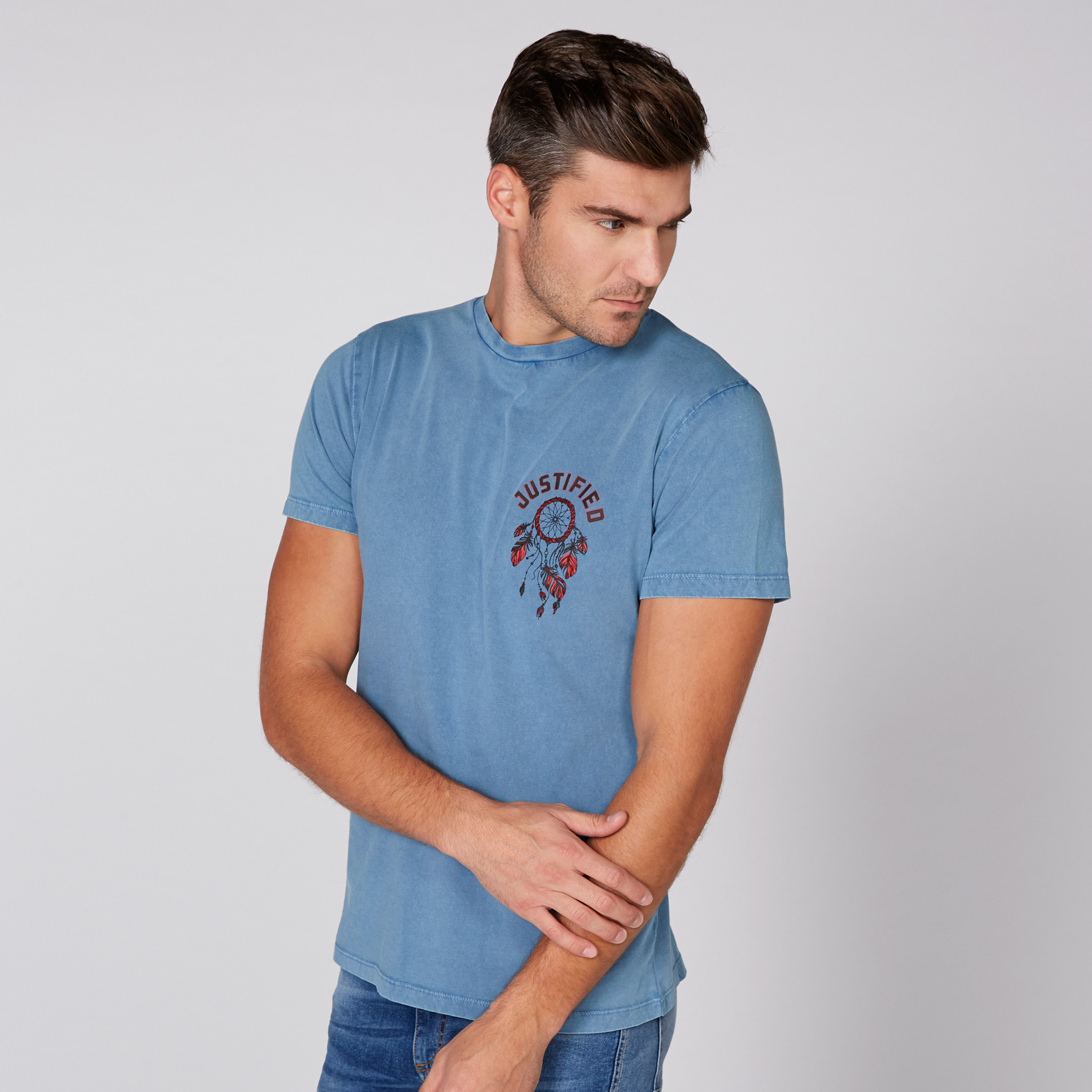 Printed Denim T Shirt with Round Neck and Short Sleeves