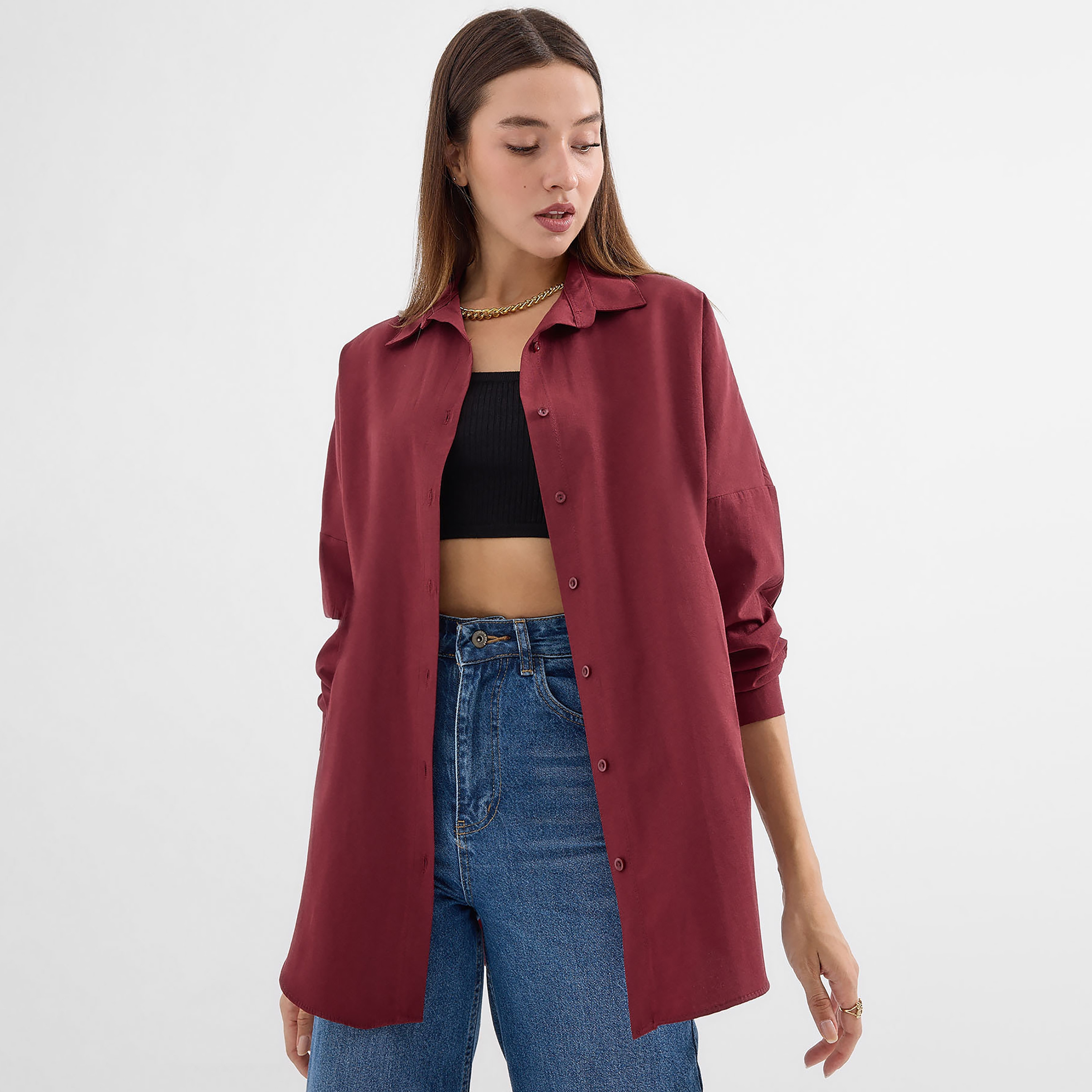 Bigdart Red Spread Collar Drop Shoulder Sleeves Women's Shirt-women-clothing-shirtsandblouses-shirts-image-1