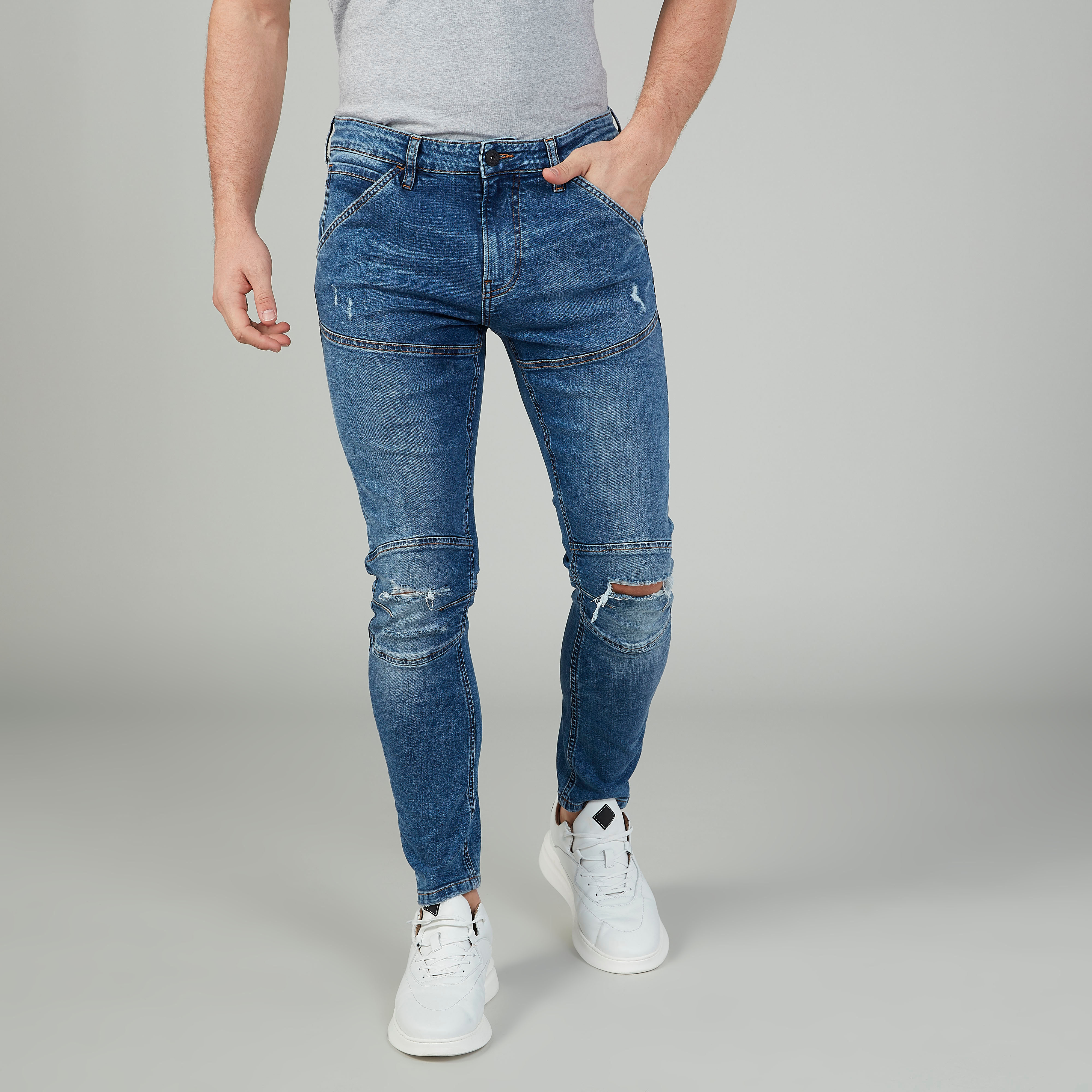 Shop Full Length Distressed Jeans with Pocket Detail and Belt