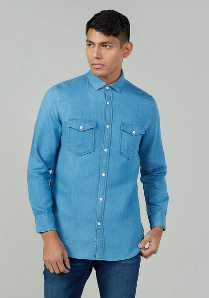 Slim Fit Plain Shirt with Long Sleeves and Flap Pockets