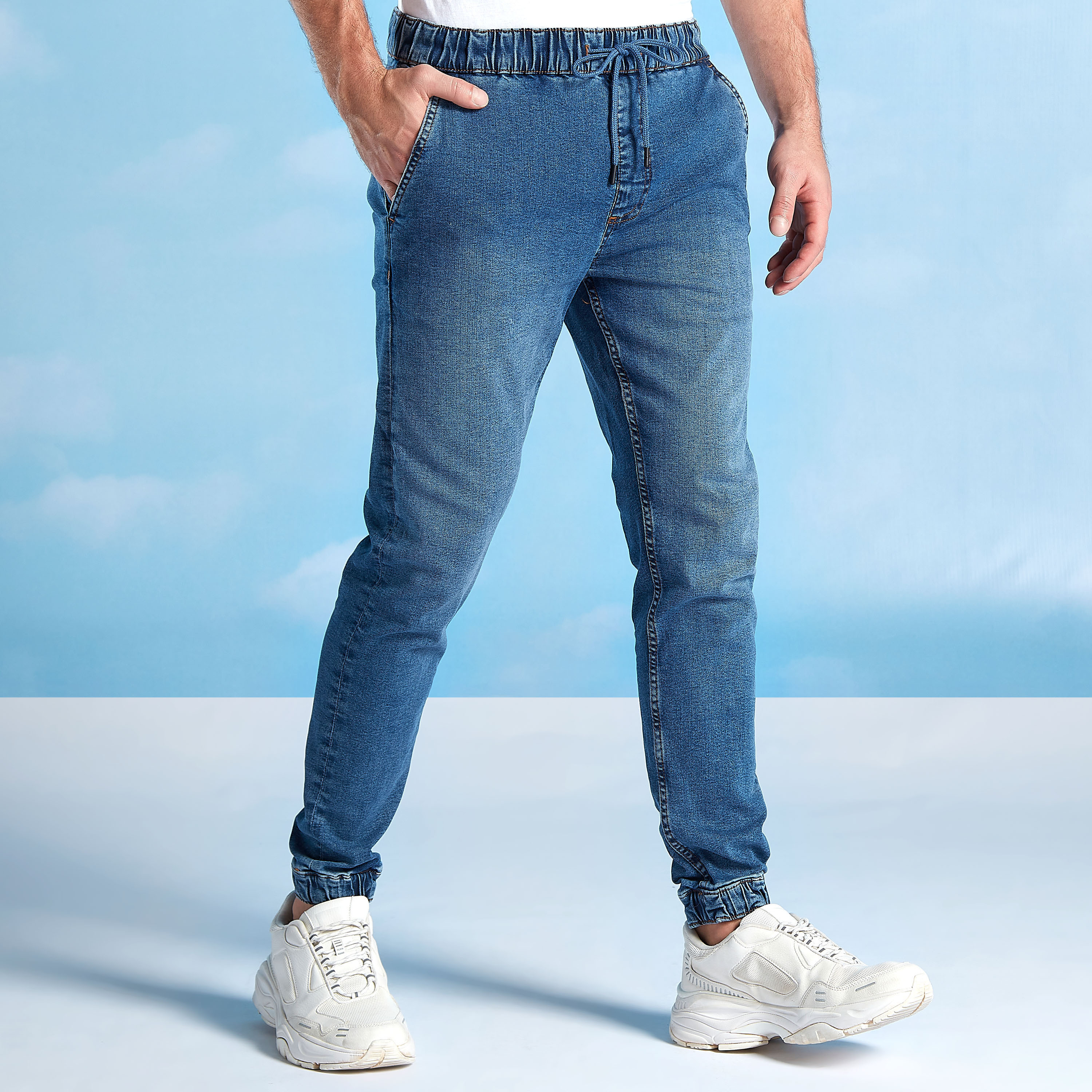 Plain Skinny Fit Low Waist Denim Jog Pants with Elasticised Waistband