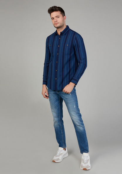 Slim Fit Striped Shirt with Spread Collar and Long Sleeves
