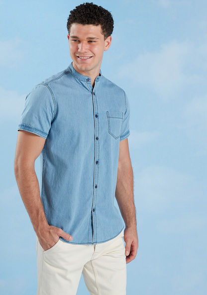 Slim Fit Denim Shirt with Mandarin Collar and Short Sleeves