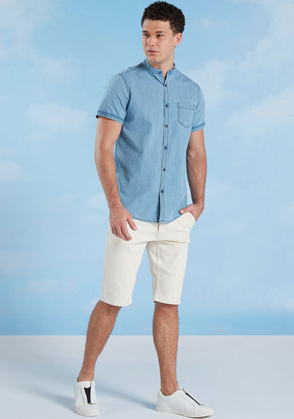 Slim Fit Denim Shirt with Mandarin Collar and Short Sleeves