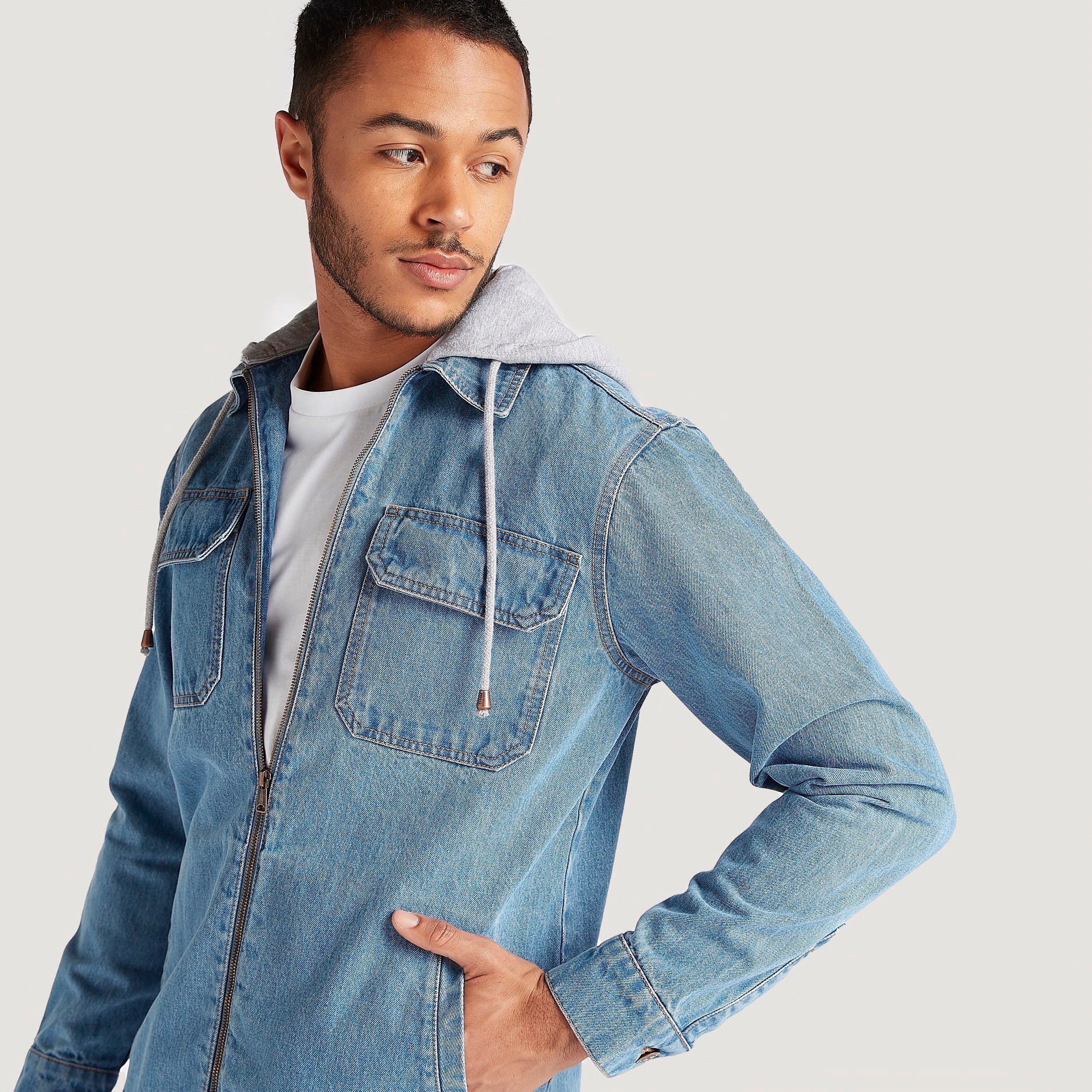 Hooded denim best sale jacket mens