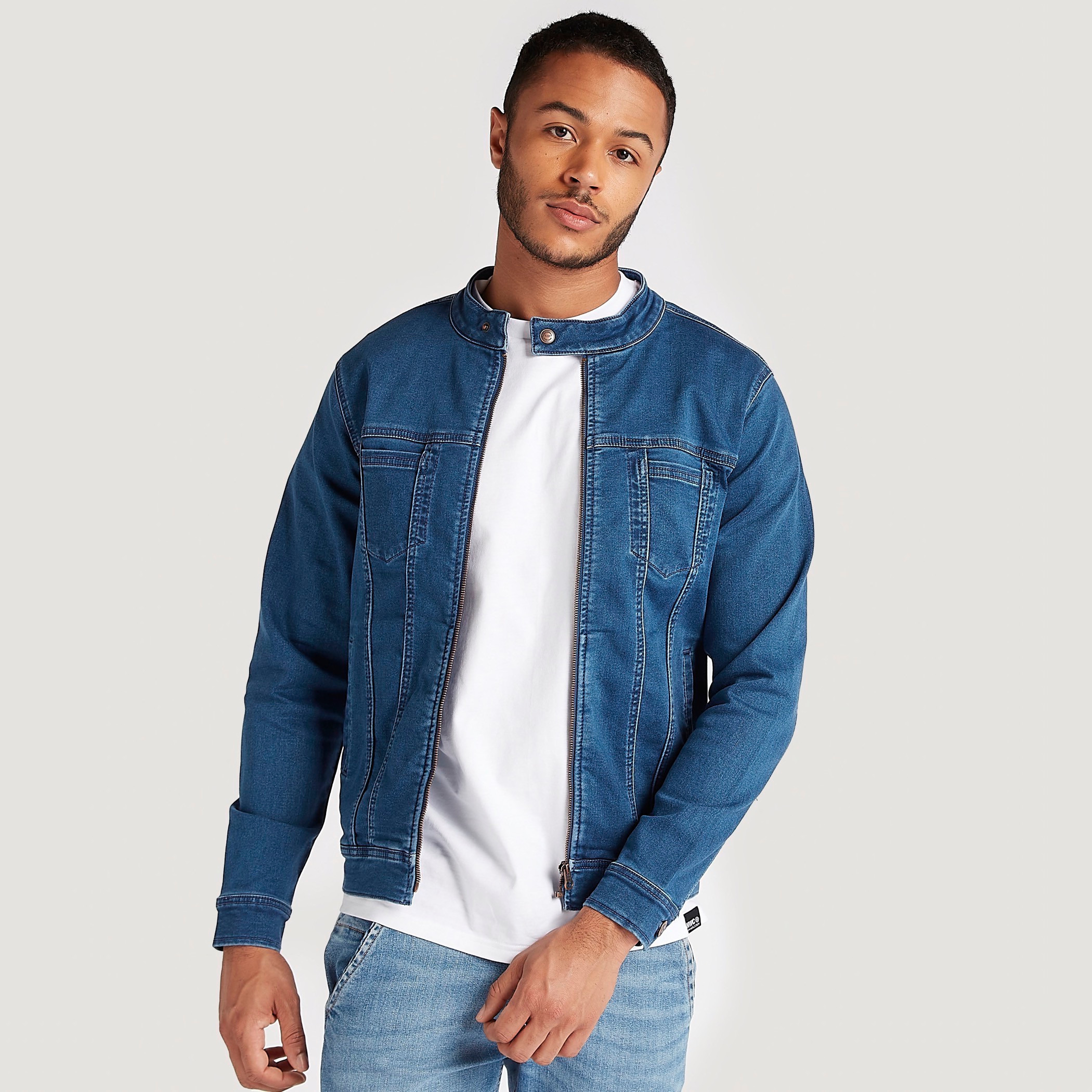 Shop Solid Zip Through Denim Jacket with Pockets Online Splash Bahrain