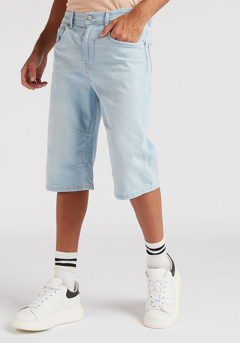 Solid Flexi Waist Denim Shorts with Pockets-Shorts-image-0
