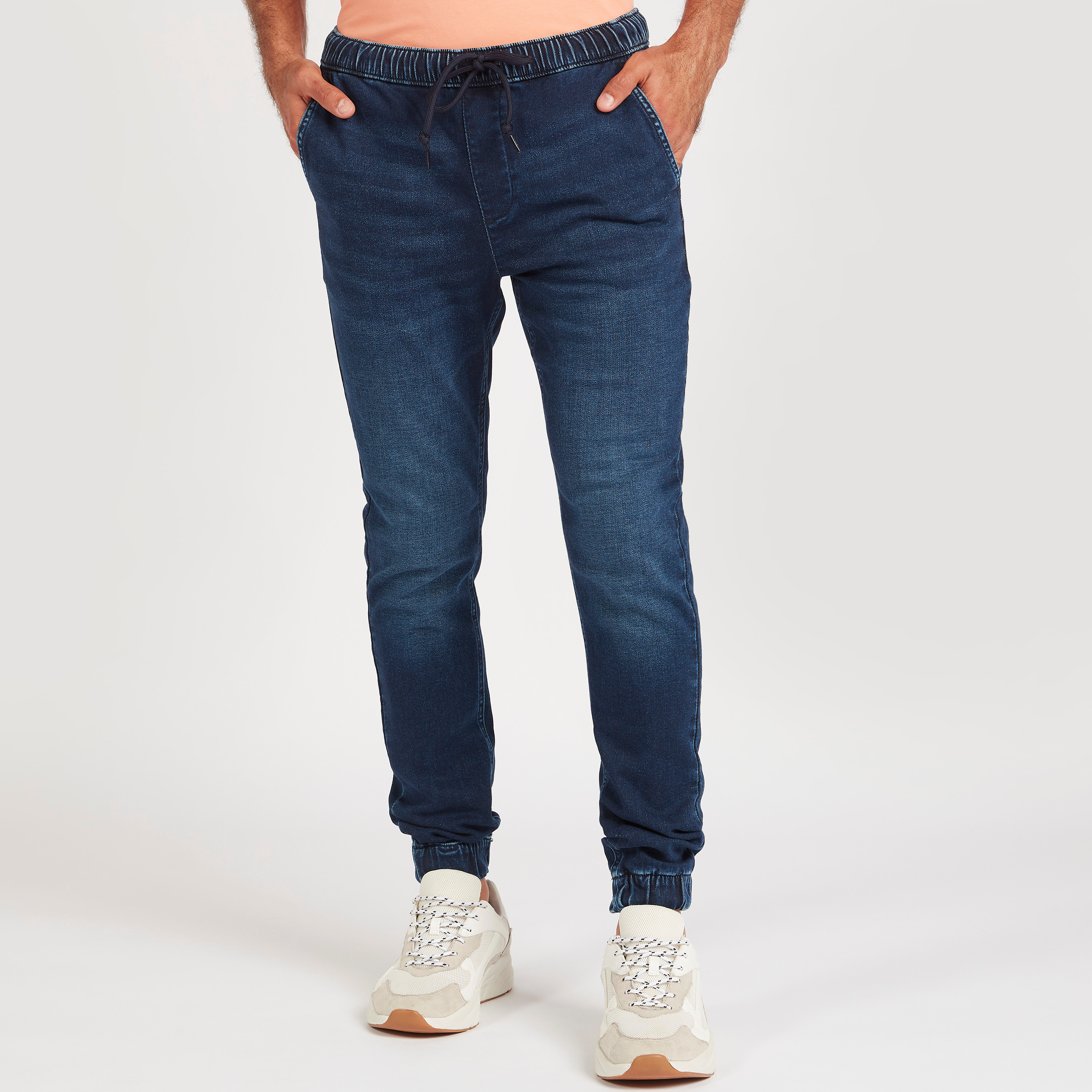 Buy Low Rise Skinny Fit Denim Joggers with Drawstring Closure Splash UAE