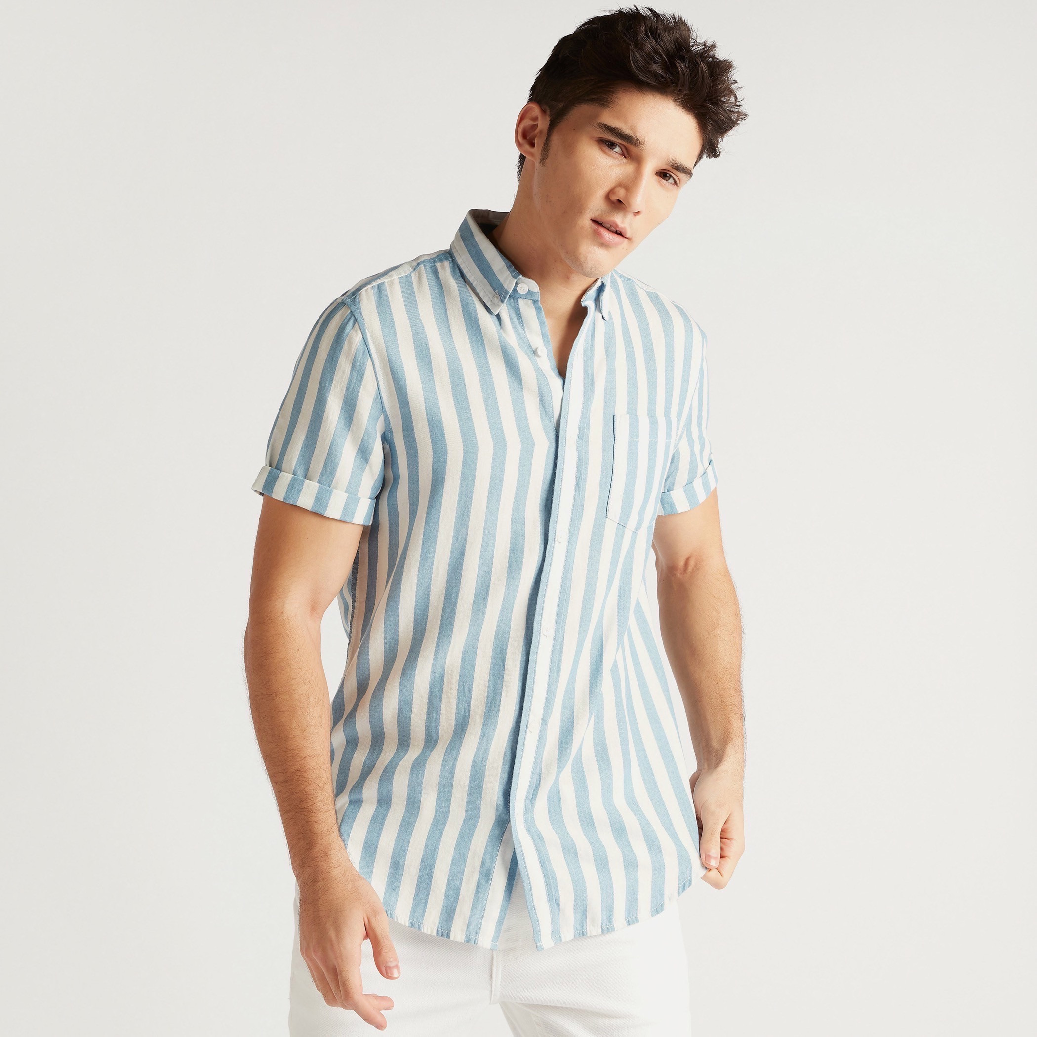 Striped Denim Shirt with Short Sleeves and Chest Pocket-men-clothing-shirts-image-1