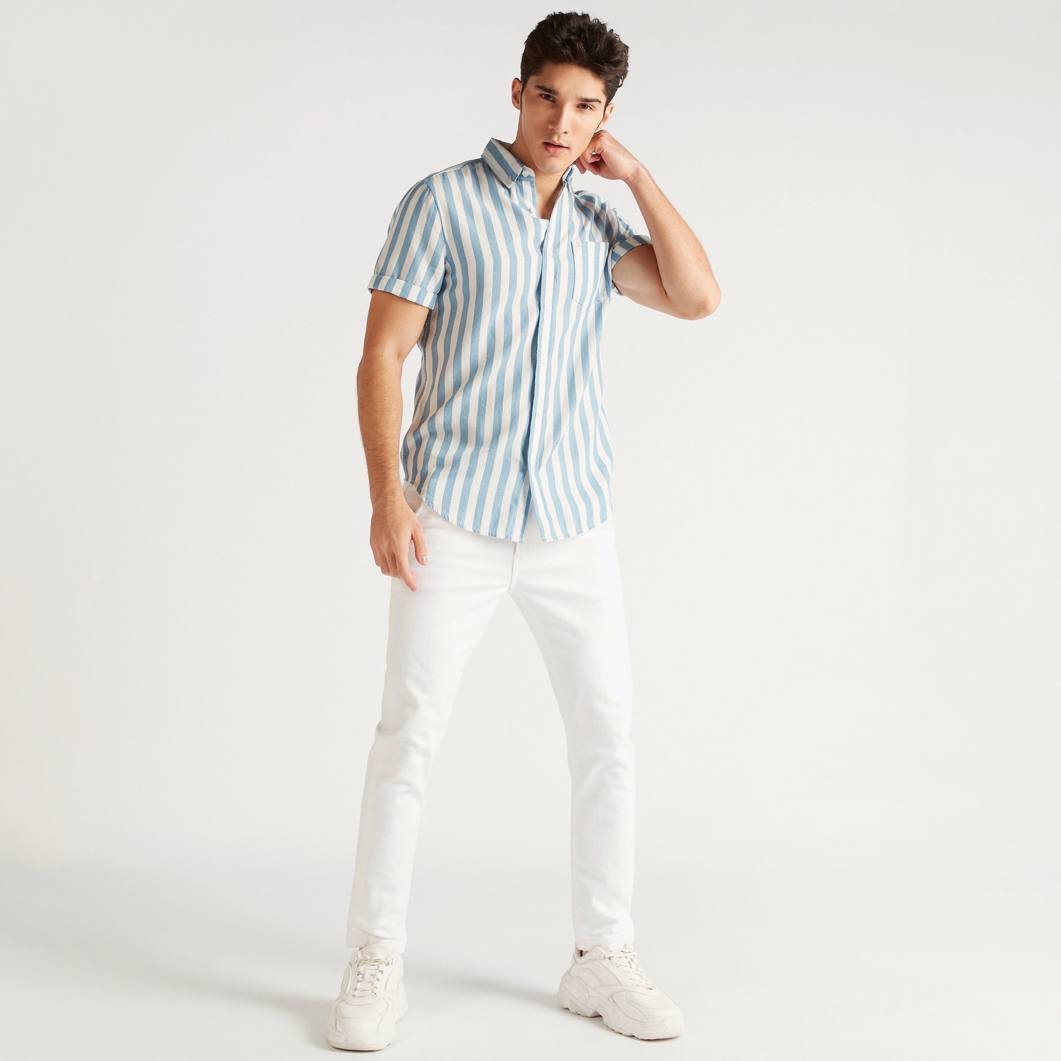 Striped Denim Shirt with Short Sleeves and Chest Pocket-men-clothing-shirts-image-2