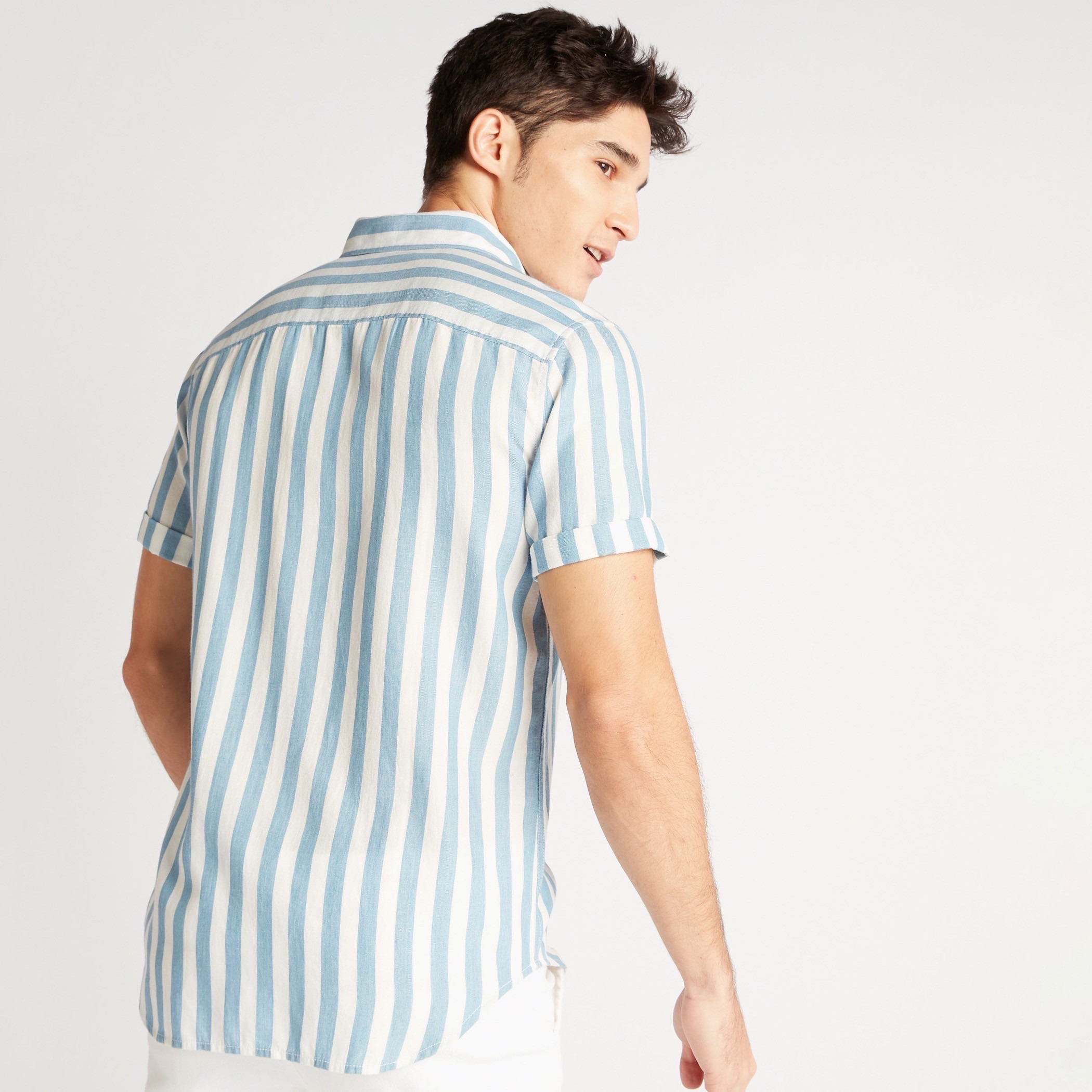 Striped Denim Shirt with Short Sleeves and Chest Pocket-men-clothing-shirts-image-4