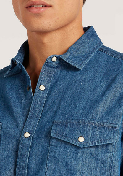 Solid Denim Shirt with Long Sleeves and Flap Pockets