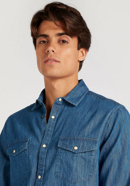 Solid Denim Shirt with Long Sleeves and Flap Pockets