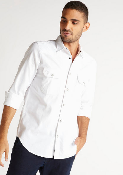 Solid Denim Shirt with Spread Collar and Long Sleeves