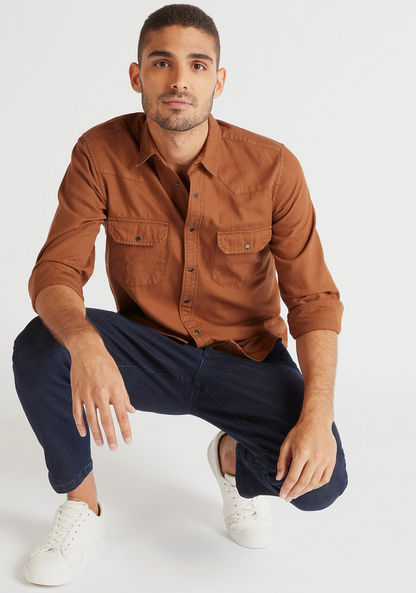 Solid Denim Shirt with Spread Collar and Long Sleeves