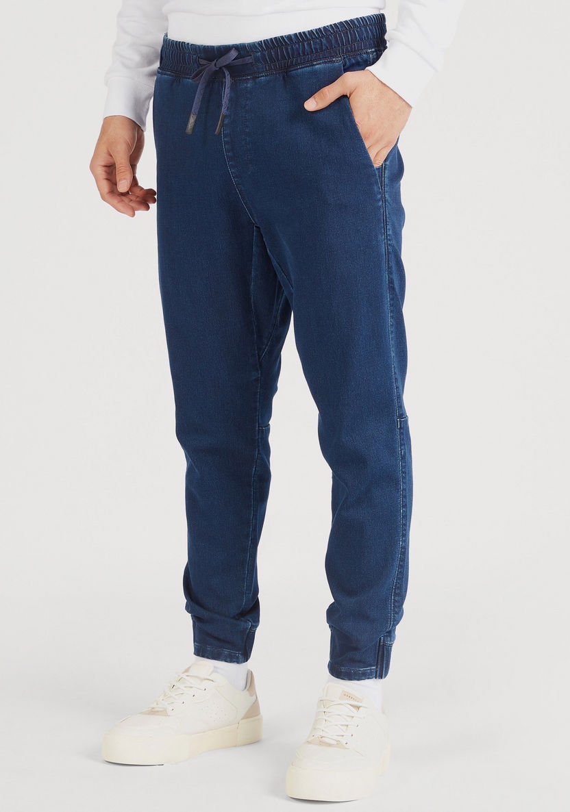 Solid Denim Joggers with Drawstring Closure and Pockets-Jeans-image-0