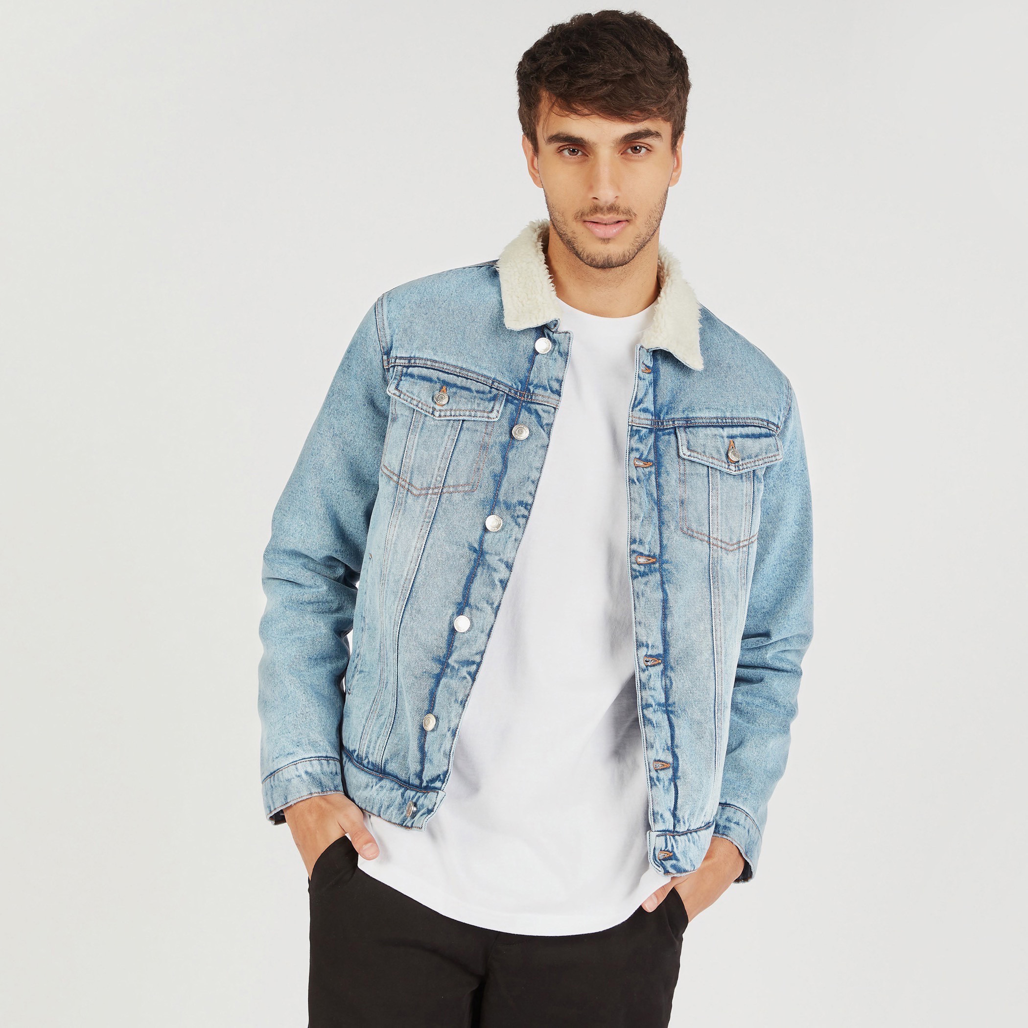 Blue jean store jacket with sherpa