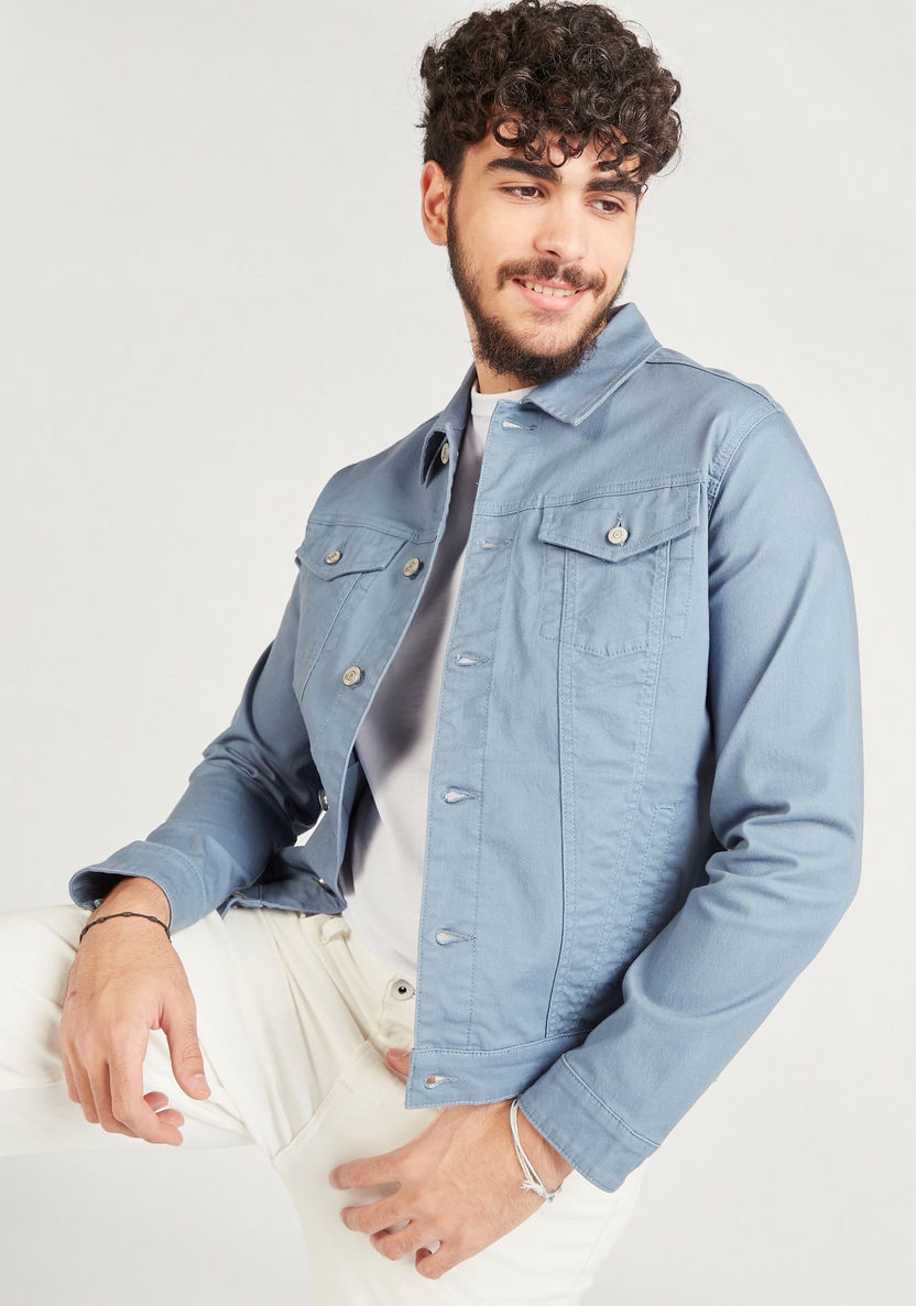 Solid Denim Trucker Jacket with Flap Pockets and Button Closure-Jackets-image-0