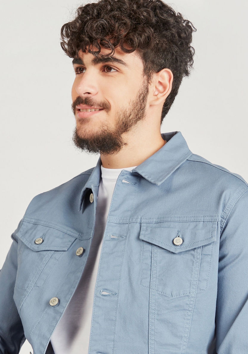 Solid Denim Trucker Jacket with Flap Pockets and Button Closure-Jackets-image-2