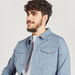 Solid Denim Trucker Jacket with Flap Pockets and Button Closure-Jackets-thumbnailMobile-2