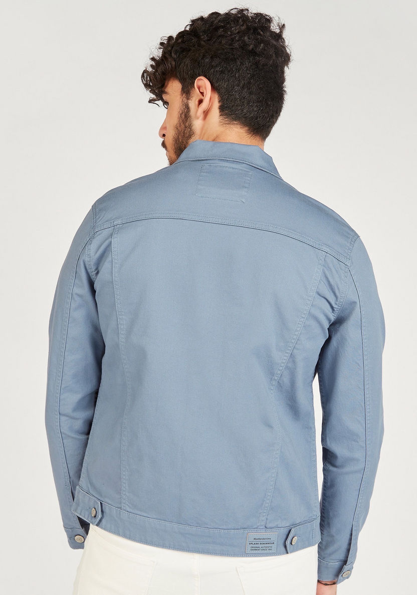 Solid Denim Trucker Jacket with Flap Pockets and Button Closure-Jackets-image-3
