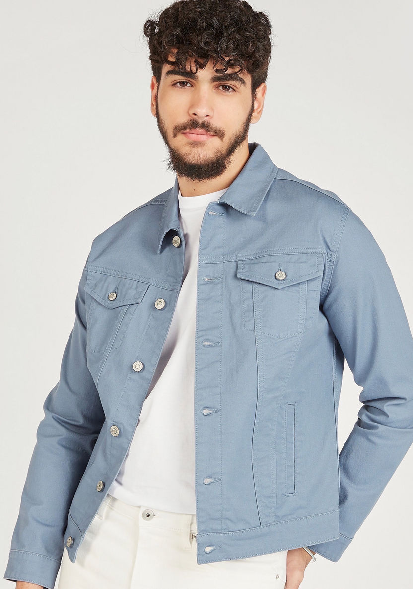 Solid Denim Trucker Jacket with Flap Pockets and Button Closure-Jackets-image-4