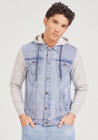Solid Button Up Denim Jacket with Long Sleeves and Hood-Jackets-image-0