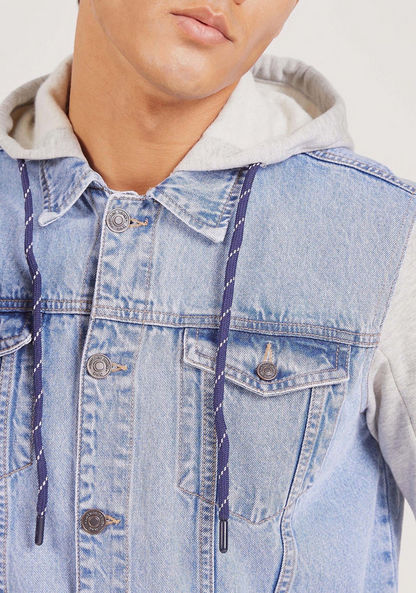 Solid Button Up Denim Jacket with Long Sleeves and Hood-Jackets-image-3