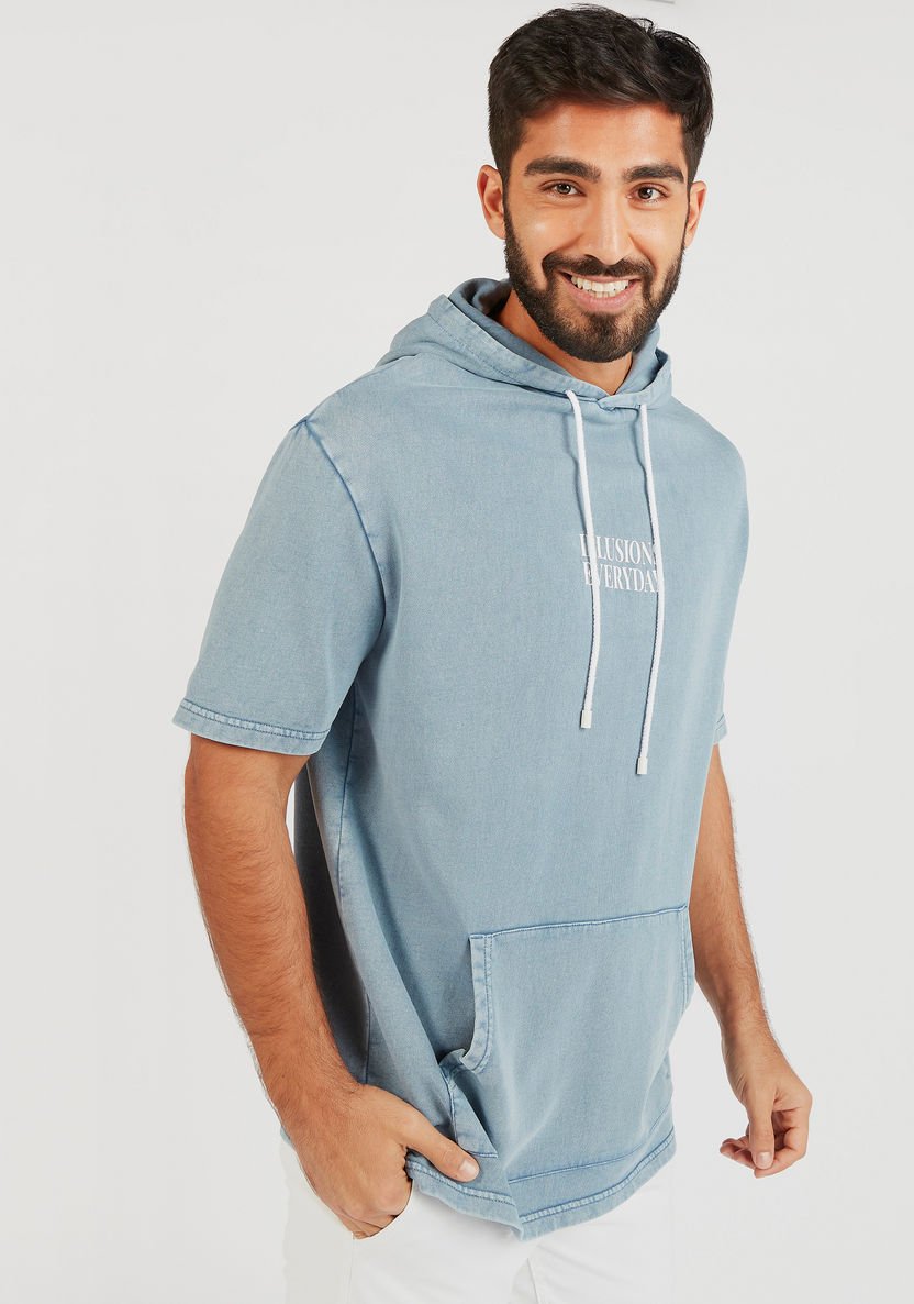 Printed Hooded Sweatshirt with Short Sleeves and Kangaroo Pocket-Sweatshirts-image-0