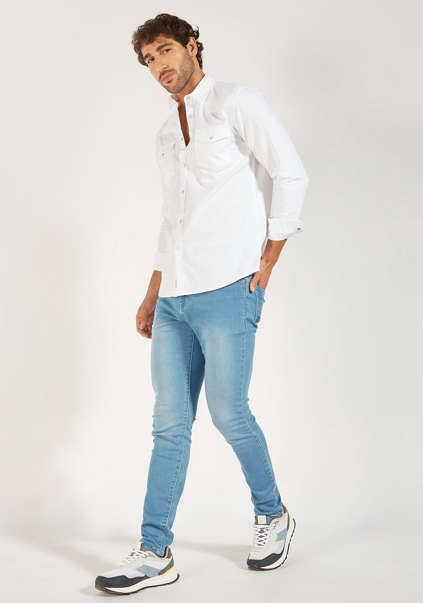 Solid Denim Shirt with Long Sleeves and Chest Pockets-Shirts-image-1