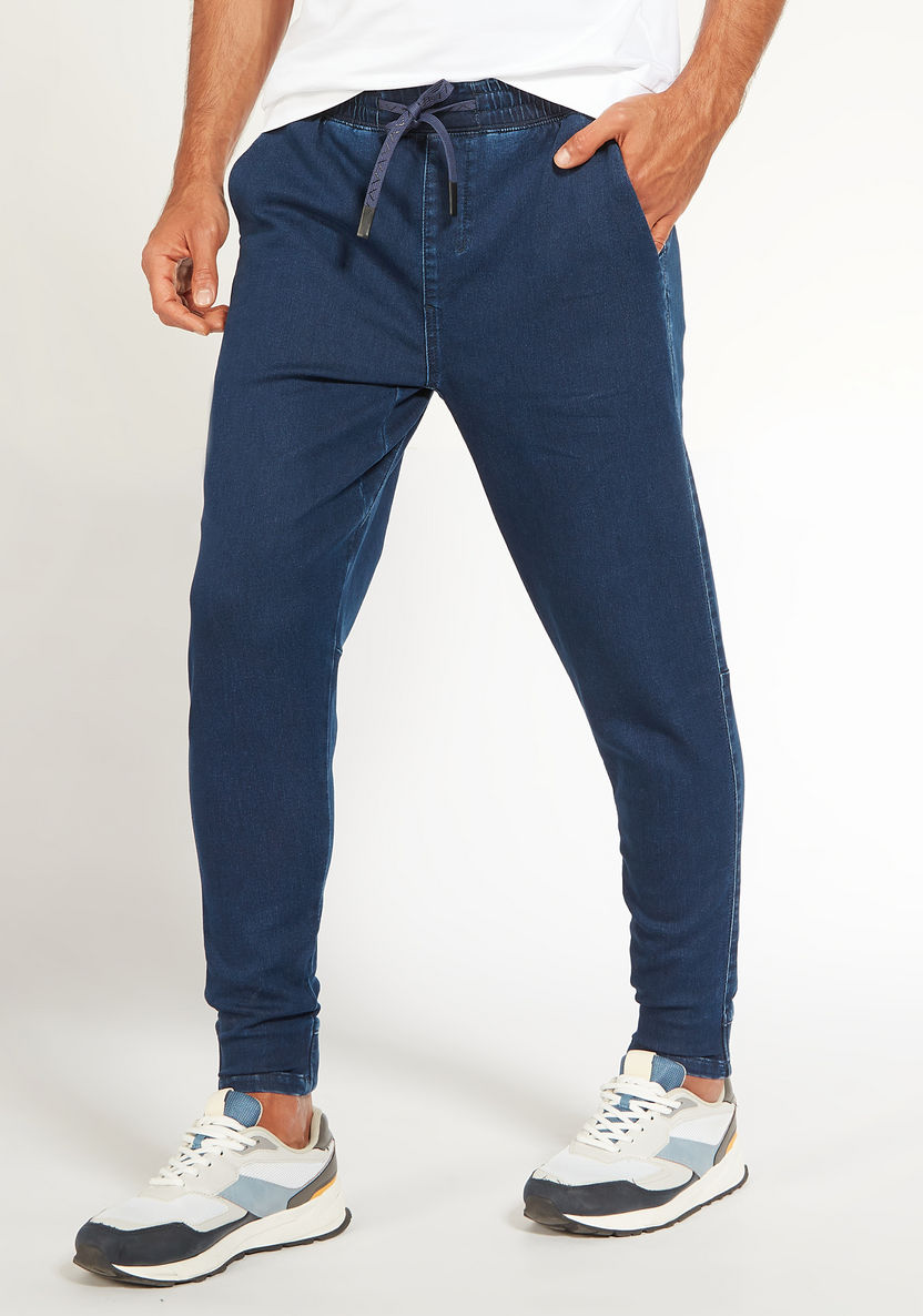Solid Denim Joggers with Drawstring Closure and Pockets-Jeans-image-0