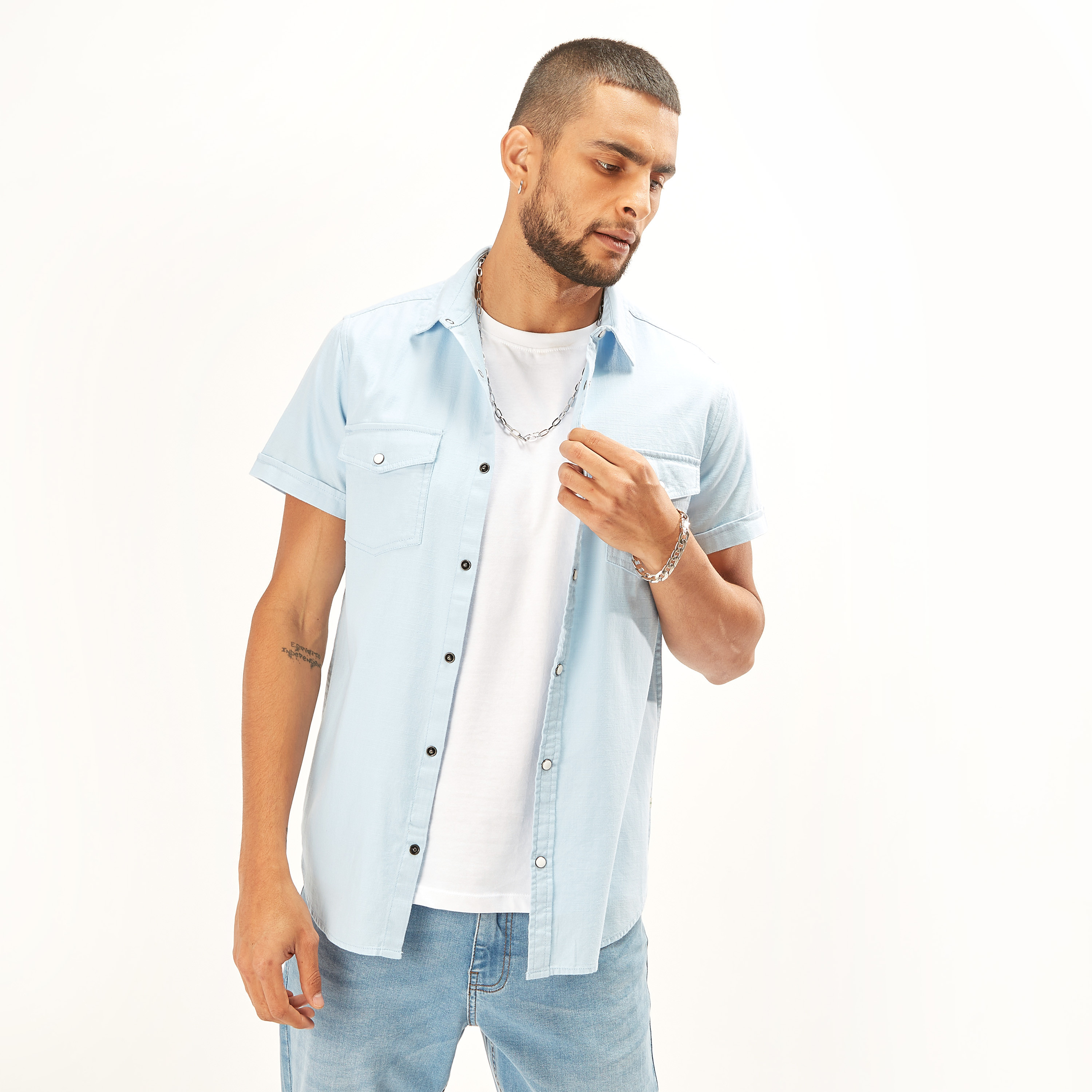 Light blue jean button sales up shirt