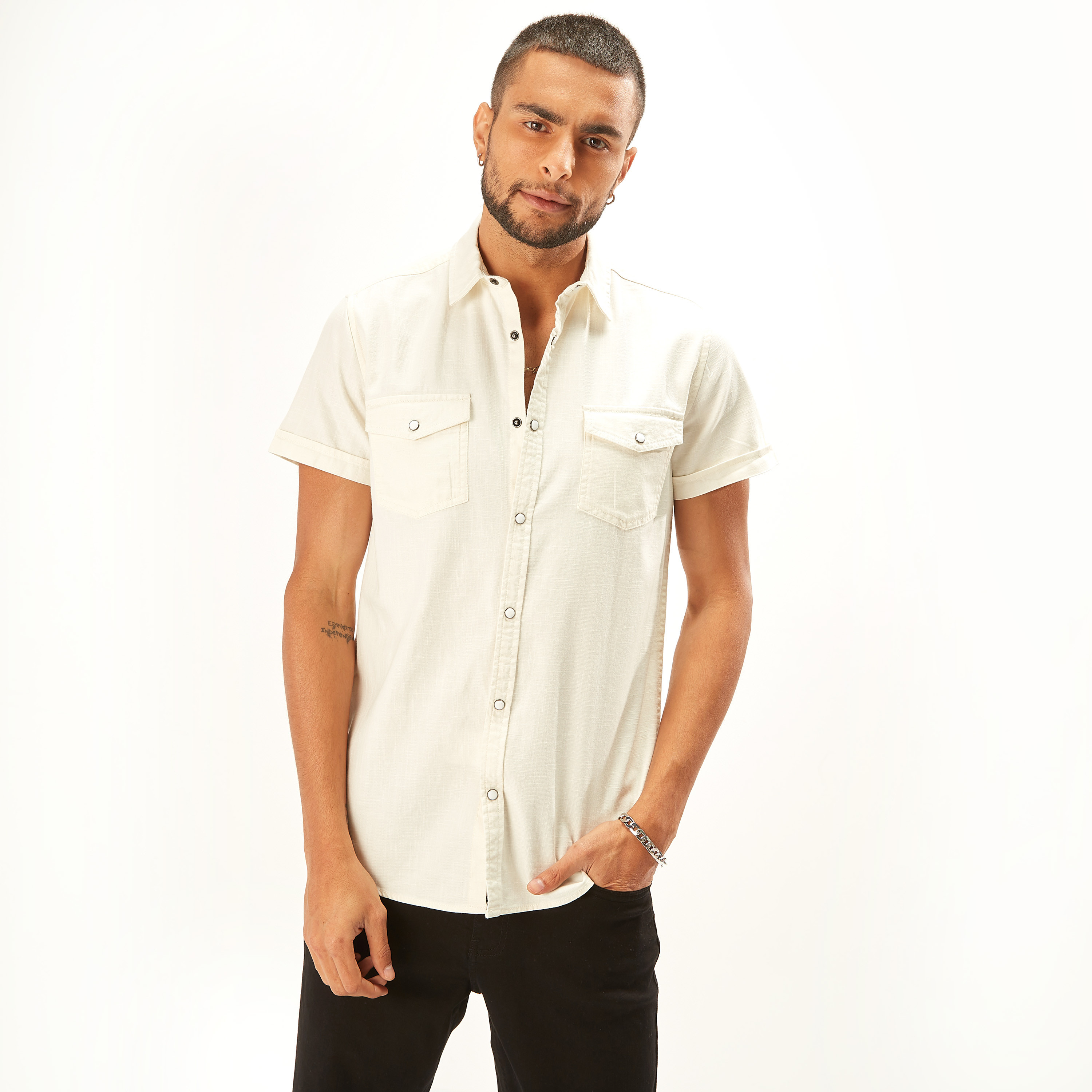 Buy Solid Denim Shirt with Long Sleeves and Pocket | Splash KSA