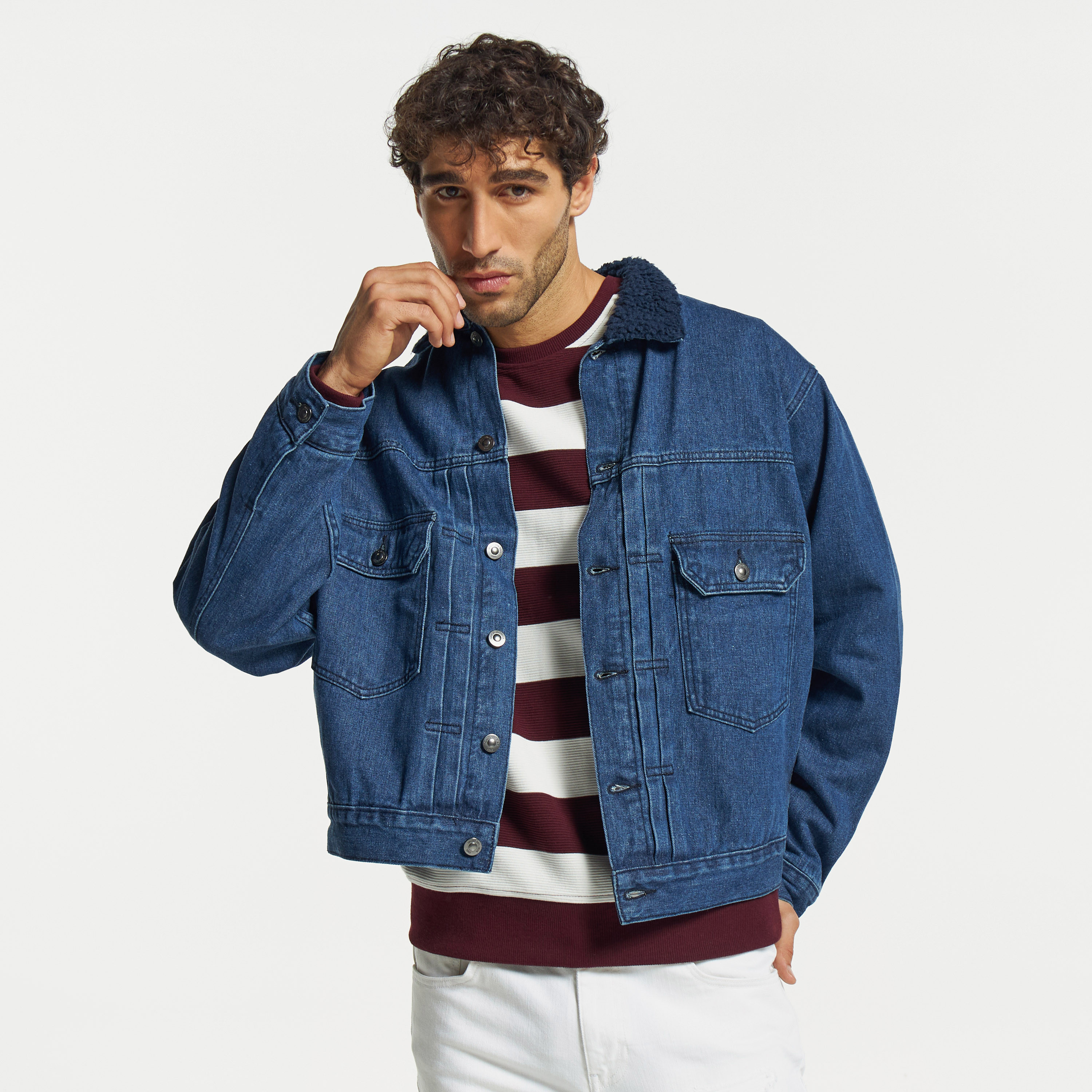 Buy HERE&NOW Men Blue Washed Denim Jacket With Faux Fur Detail - Jackets  for Men 12143124 | Myntra
