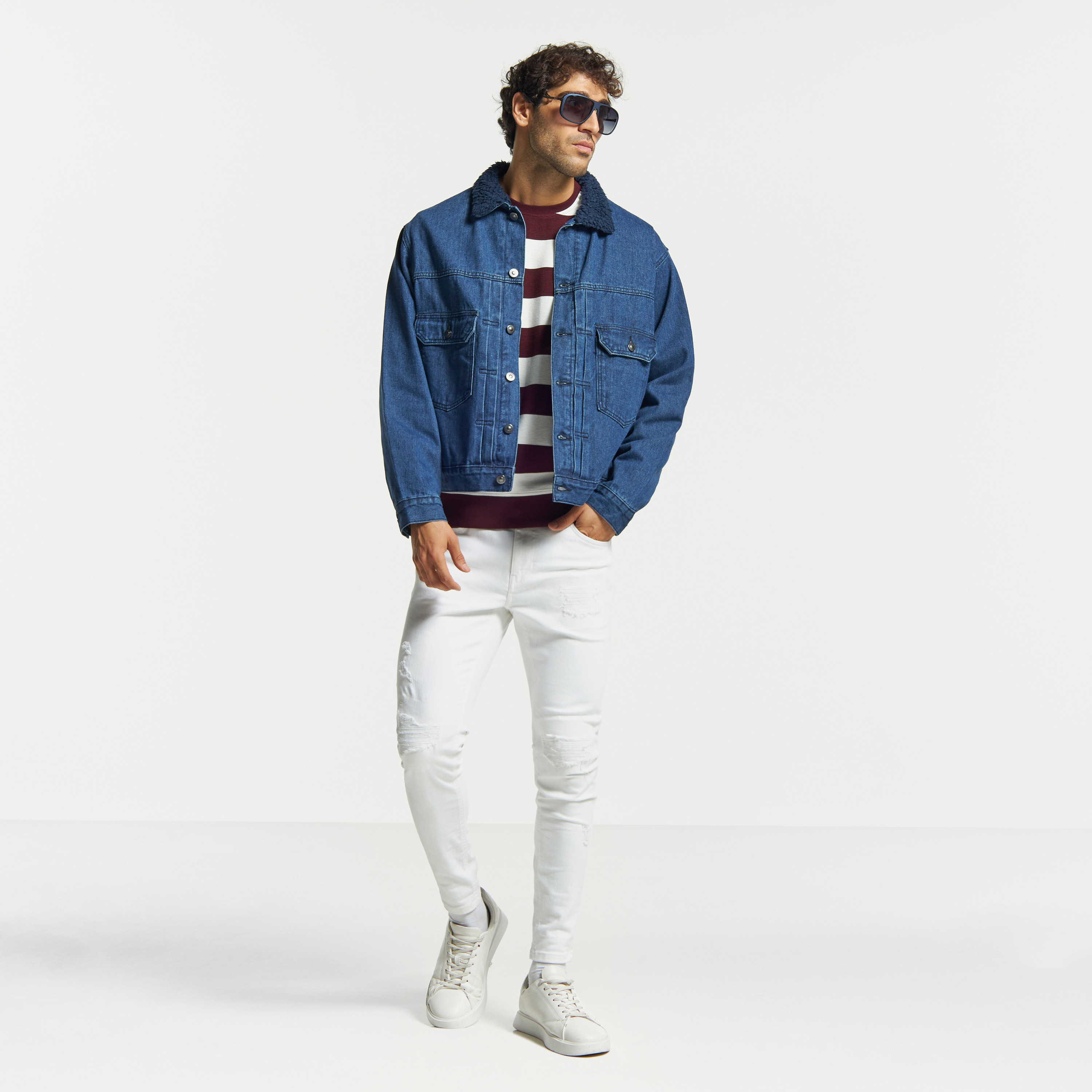 Jean jacket store with white collar